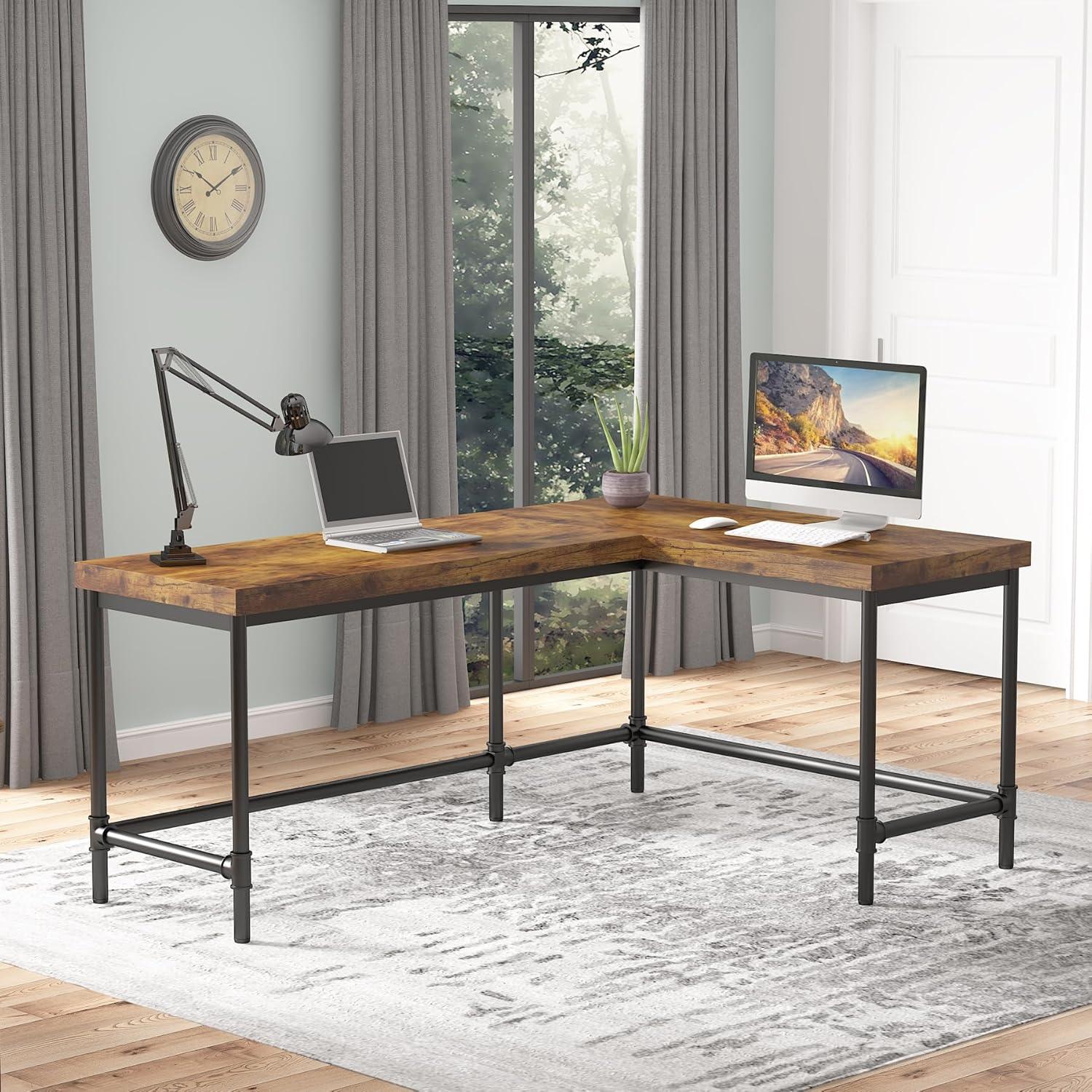 Tribesigns 67 inch L-Shaped Desk,Industrial L Desk, Reversible Corner Computer Office Desk Study Table Workstation with Pipe Legs for Home Office(Brown)