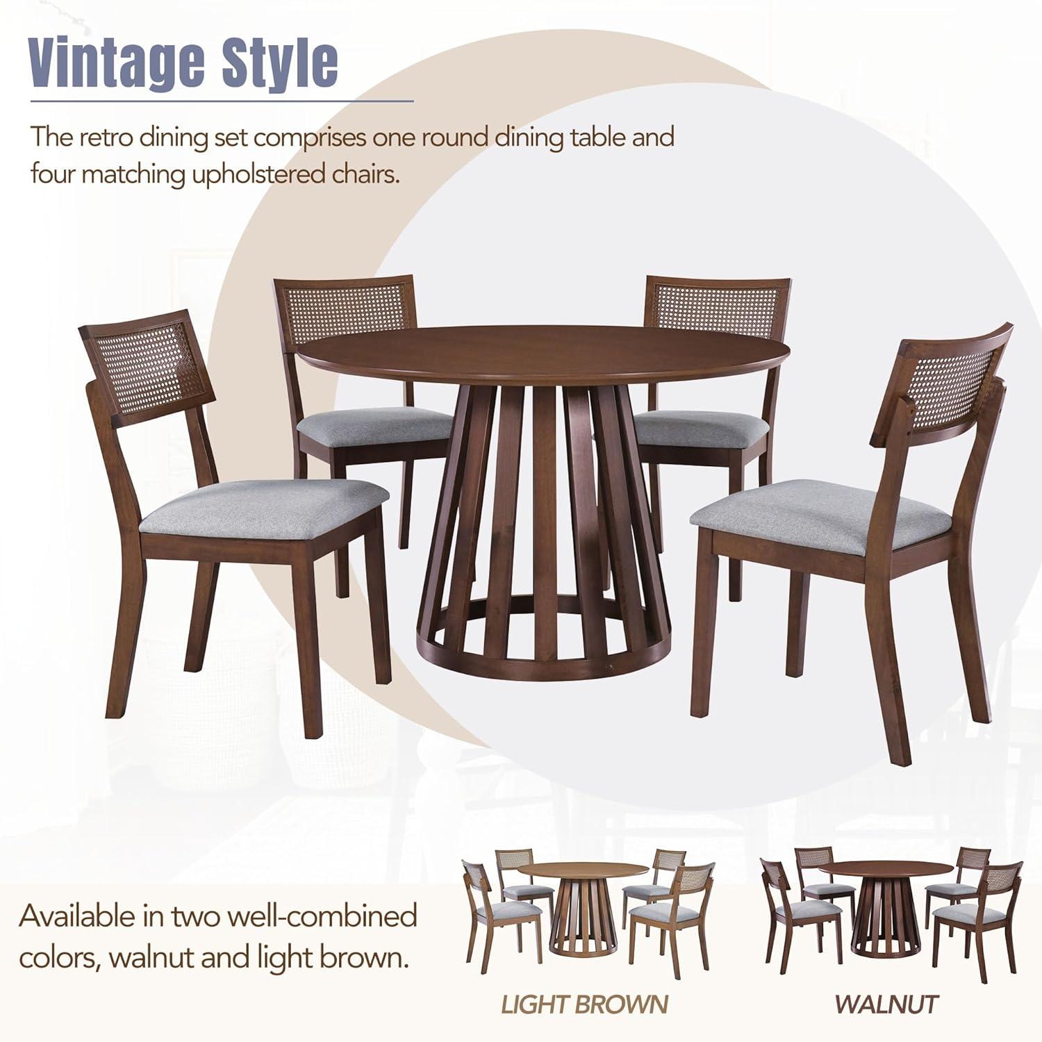 Walnut Round Dining Table Set with Rattan Backrest Chairs