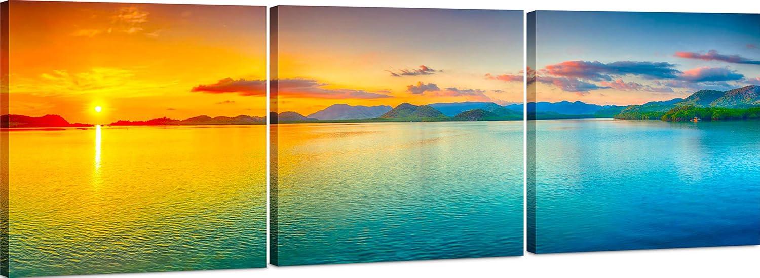 Split Canvas Wall Art Decor - Large Panoramic Sunset Ocean Wall Art, 3 Panels Hanging Canvas Art Set - Decorative Wall Art Prints for Living Room, Bedroom, Office, Home Decor, Gift, 24x72 Inch