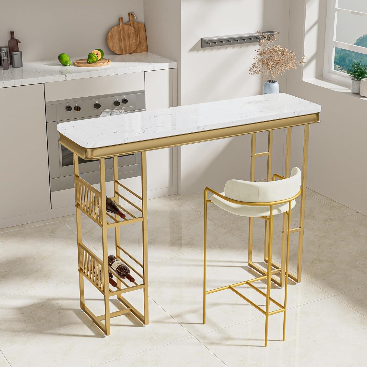 55.1" White and Gold Modern Bar Table with Shelves