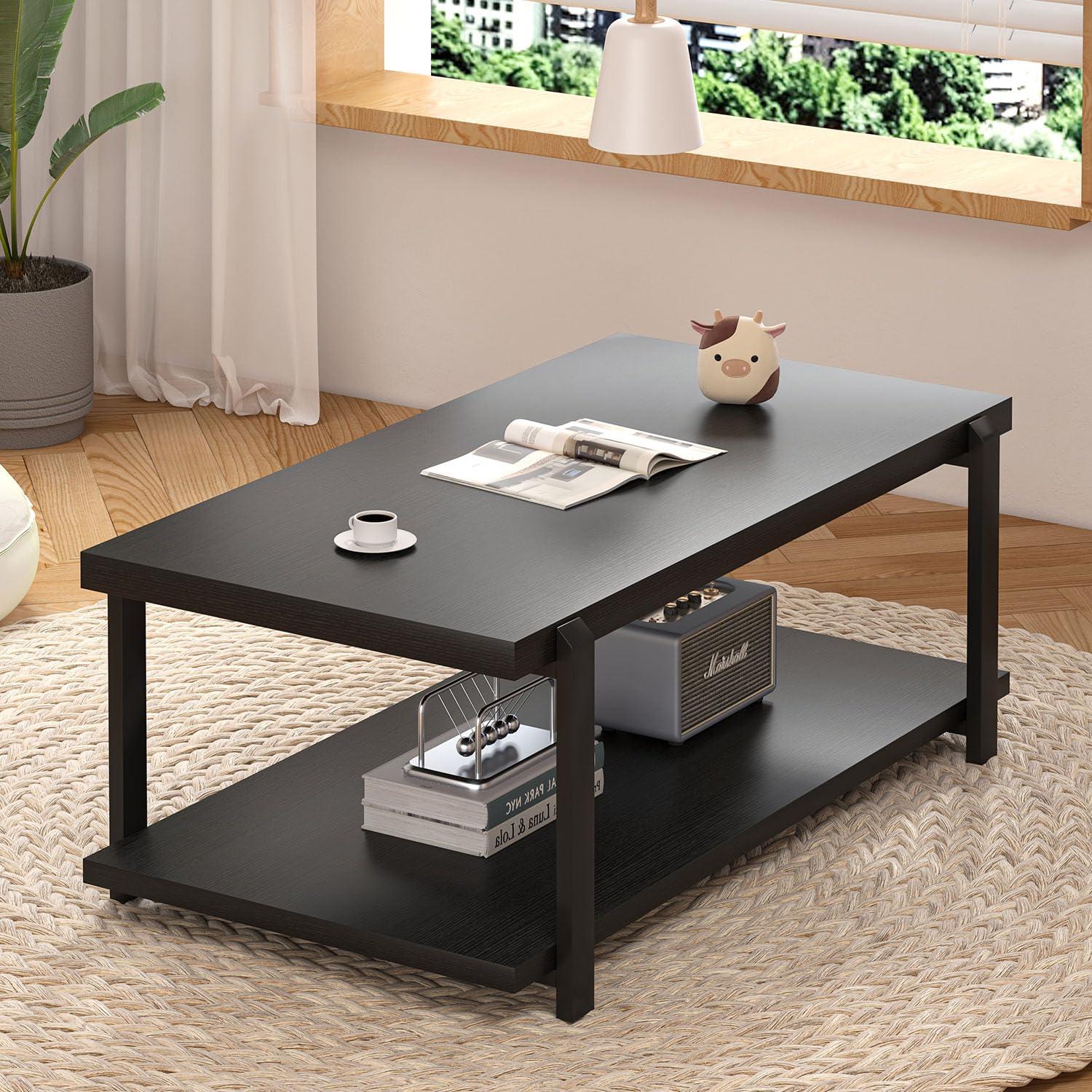 FOLUBAN Industrial Coffee Table with Shelf, Wood and Metal Rustic Cocktail Table for Living Room, Oak