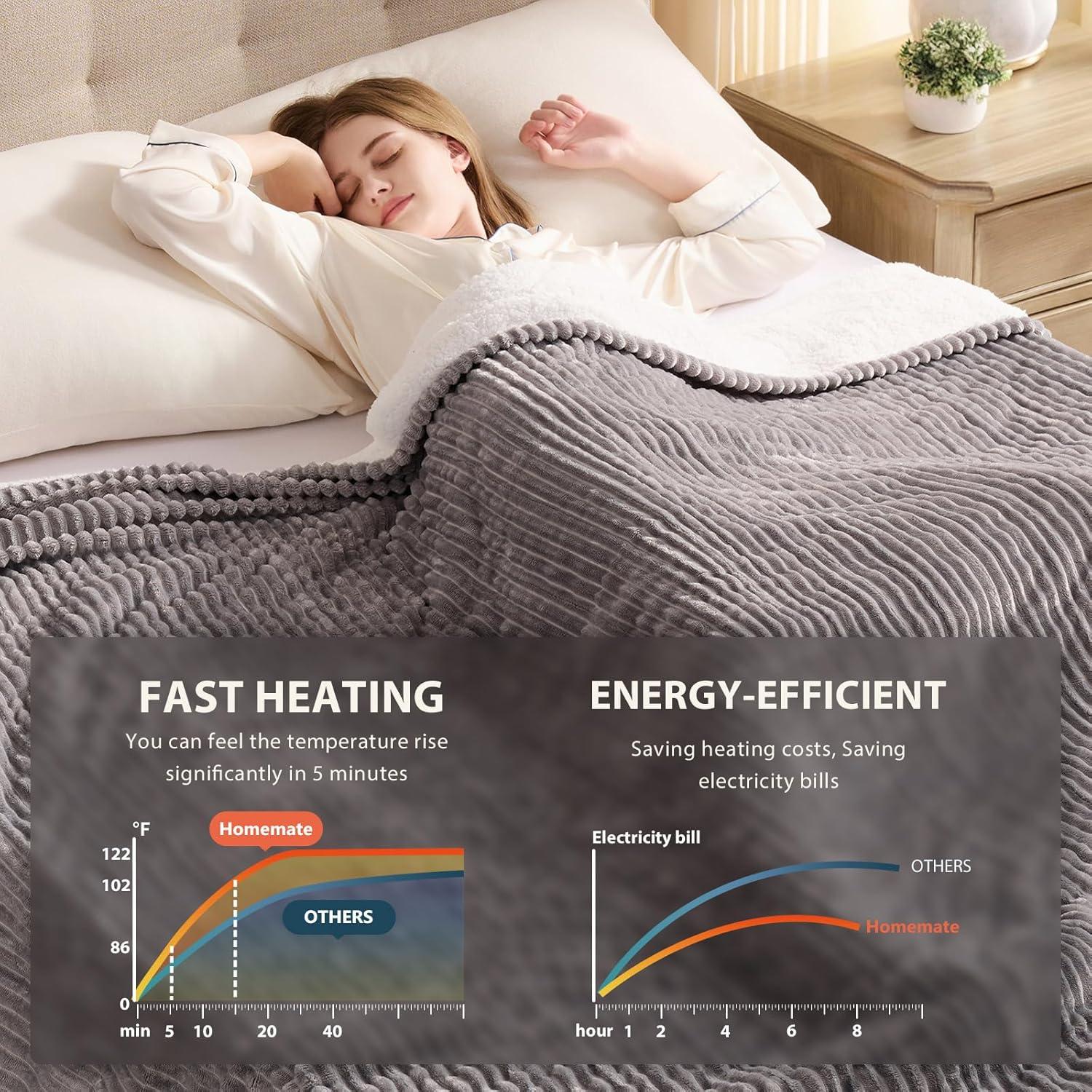 Homemate Electric Blanket Queen Size - 84"x90" Heated Blanket Queen Size 1/2/4/6/8 Hours Auto-Off 10 Heat Levels Over-Heat Protection Soft Flannel Sherpa Queen ETL Certification