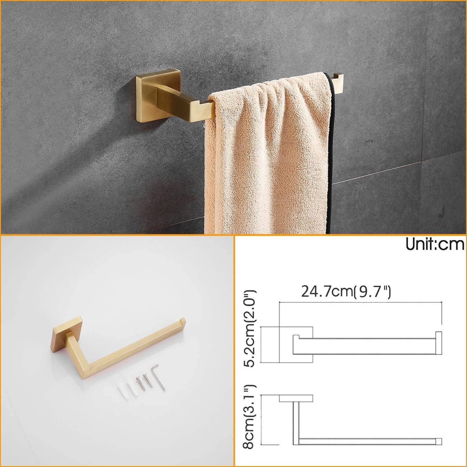 Gold Bathroom Accessories Set：3-Piece Bathroom Hardware Set Brushed Gold - Wall Mounted Gold Toilet Paper Holder + Hand Towel Ring/Bar + Towel/Robe Hook,