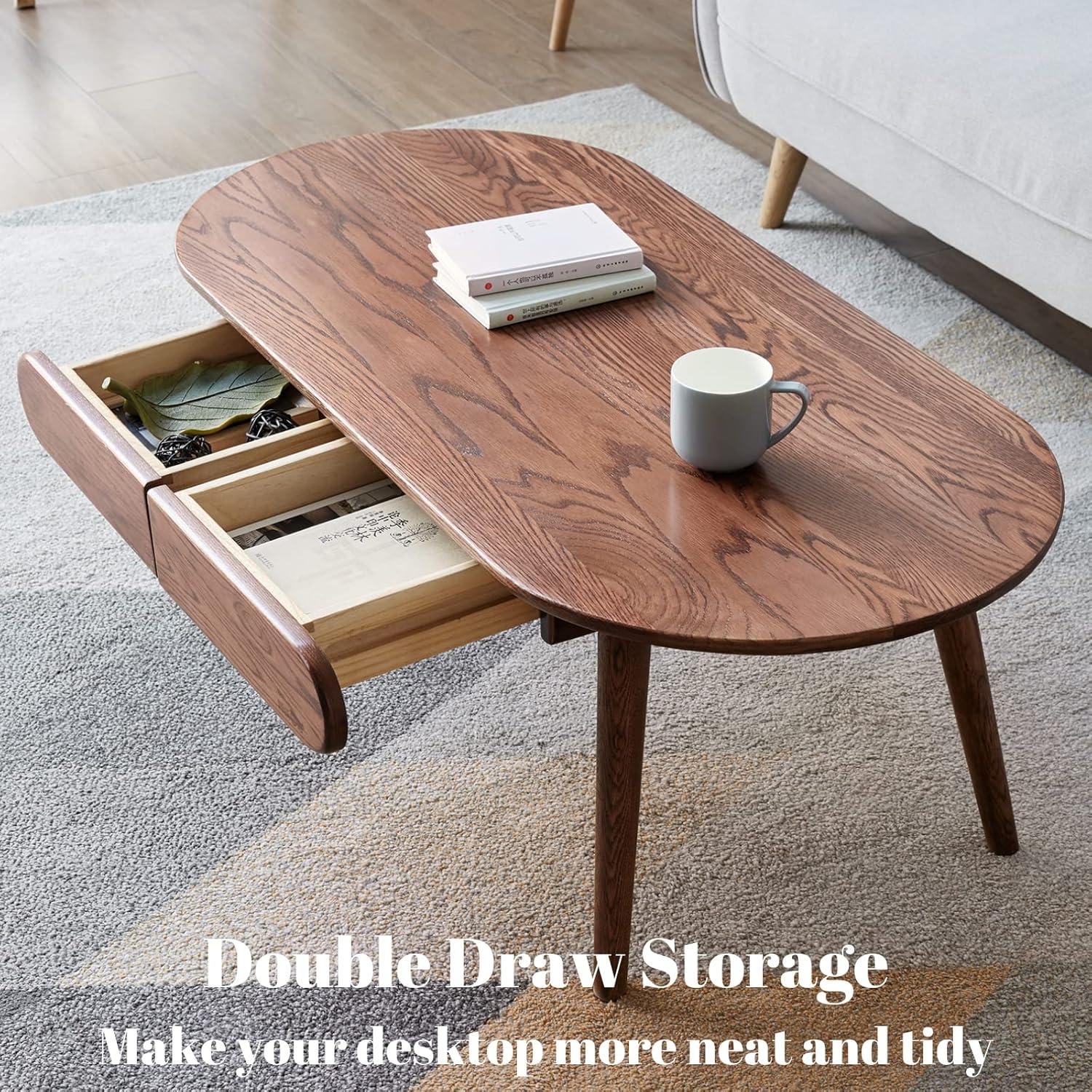 47'' Natural Oak Oval Coffee Table with Storage Drawers