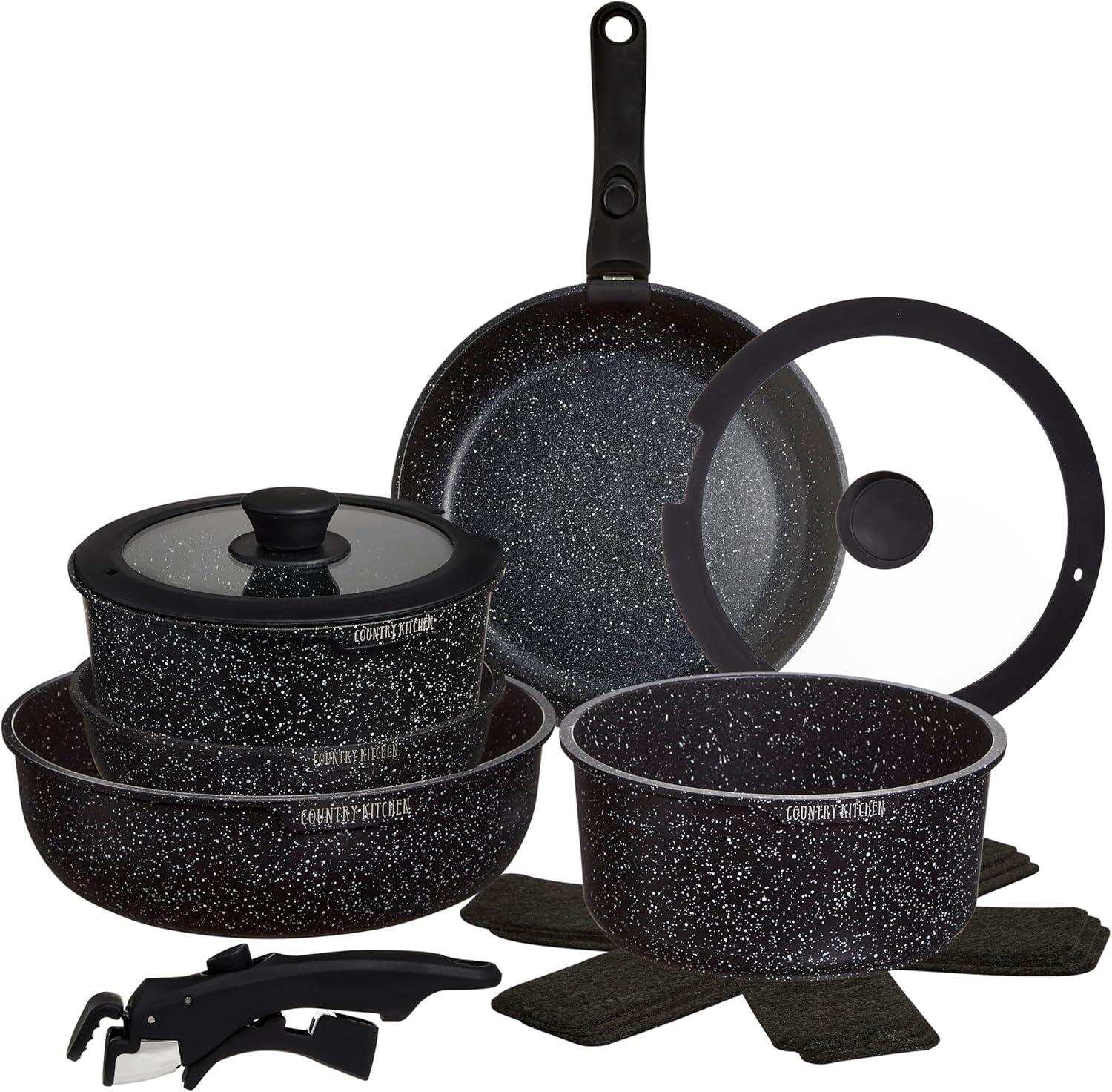 Country Kitchen 13-Pc Pots and Pans Set with Removable Handles Nonstick Cookware Set, Black