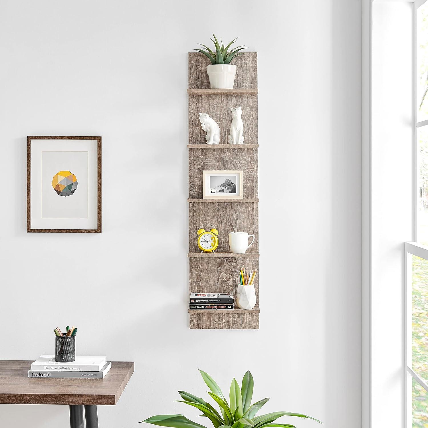 Danya B. 47" x 11.7" Wide Vertical Column Wall Shelf Weathered Oak: Mid-Century Laminated MDF, Iron Hardware