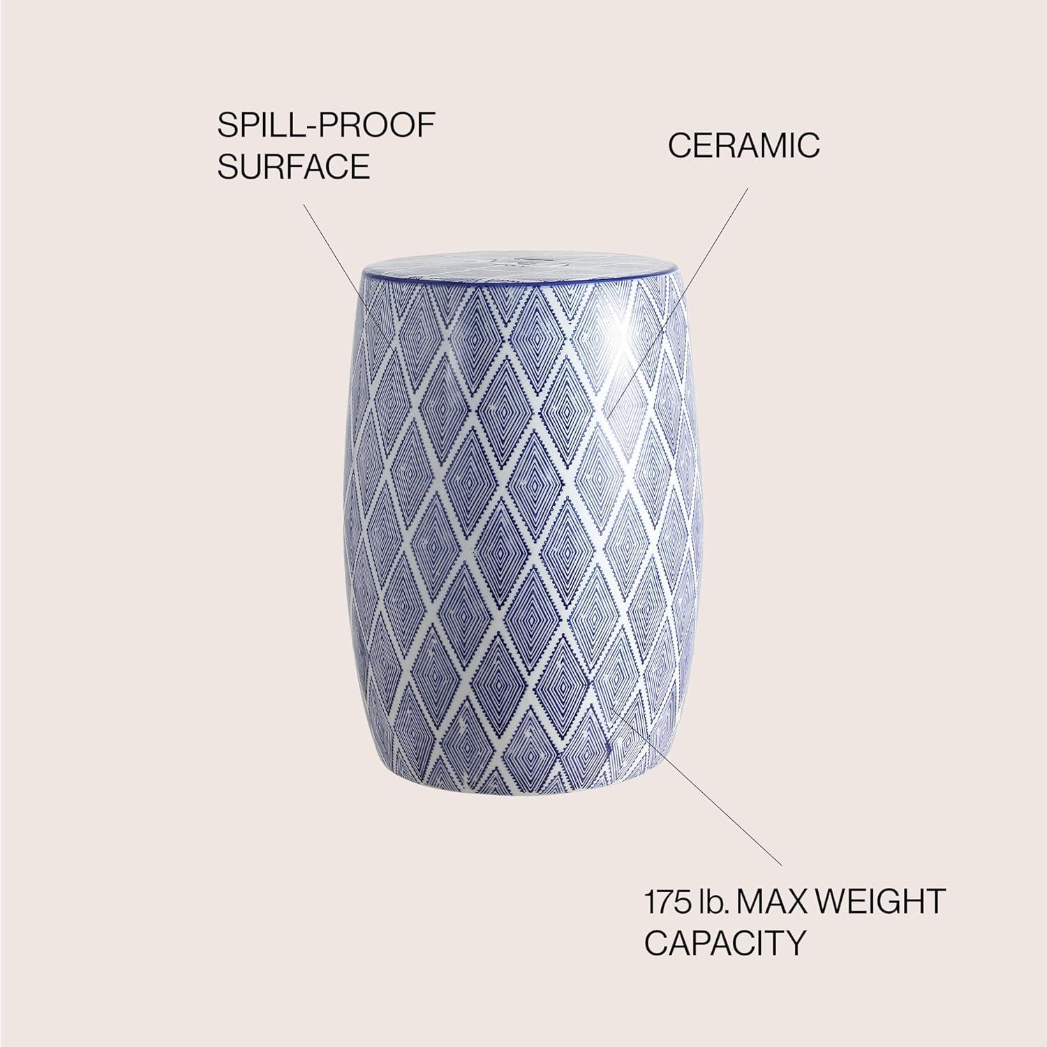 Moroccan Diamonds 18" Ceramic Drum Garden Stool, Blue/White - JONATHAN Y