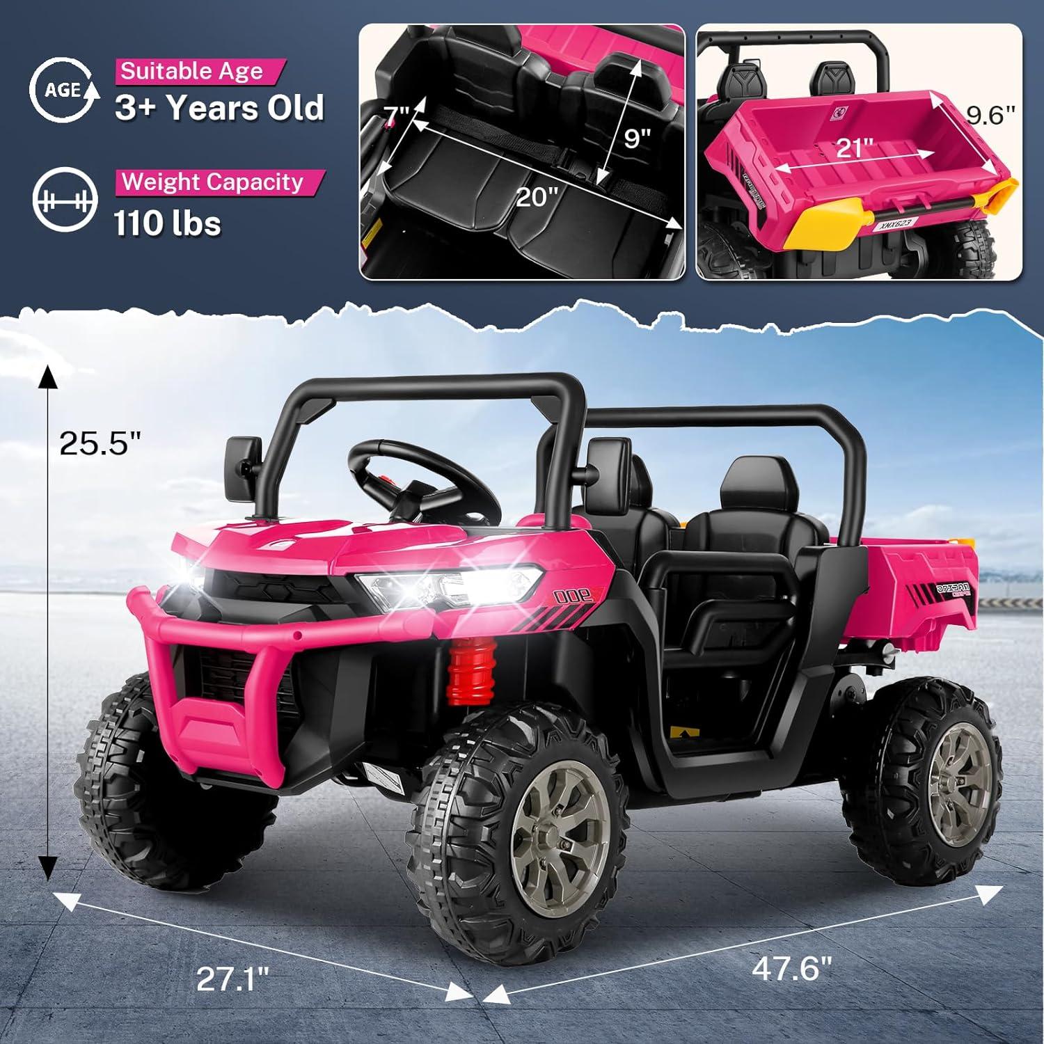 24V Kids Ride on Dump Truck with Remote Control, 2 Seater Powered 4-Wheel UTV Toys, 2x200W Ride on Tractor Car w/ Electric Dump Bed, Shovel, Bluetooth Music, Pink