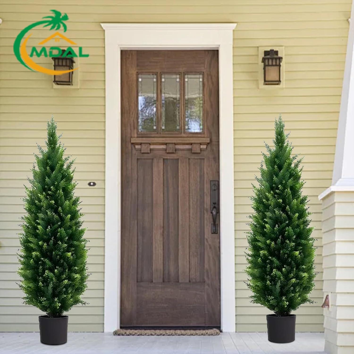 4FT 2-Pack Artificial Cedar Topiary Trees UV Resistant Potted Shrubs Fake Plants, Faux Pine Tree Plant for Home Office Garden Front Porch Patio Indoor Outdoor Party Wedding  Decor