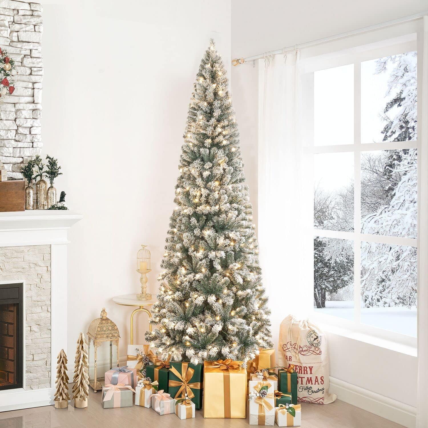 Salzburg 7.5ft Frosted Prelit Slim Artificial Christmas Tree with 1102 Branch Tips, 350 Warm Lights and Metal Stand, 34" wide Realistic Snow Flocked Skinny Pencil Christmas Tree by Naomi Home