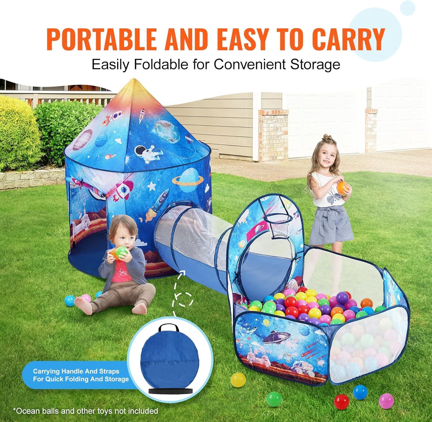 Royal Blue Rocket Theme Kids Play Tent with Tunnel