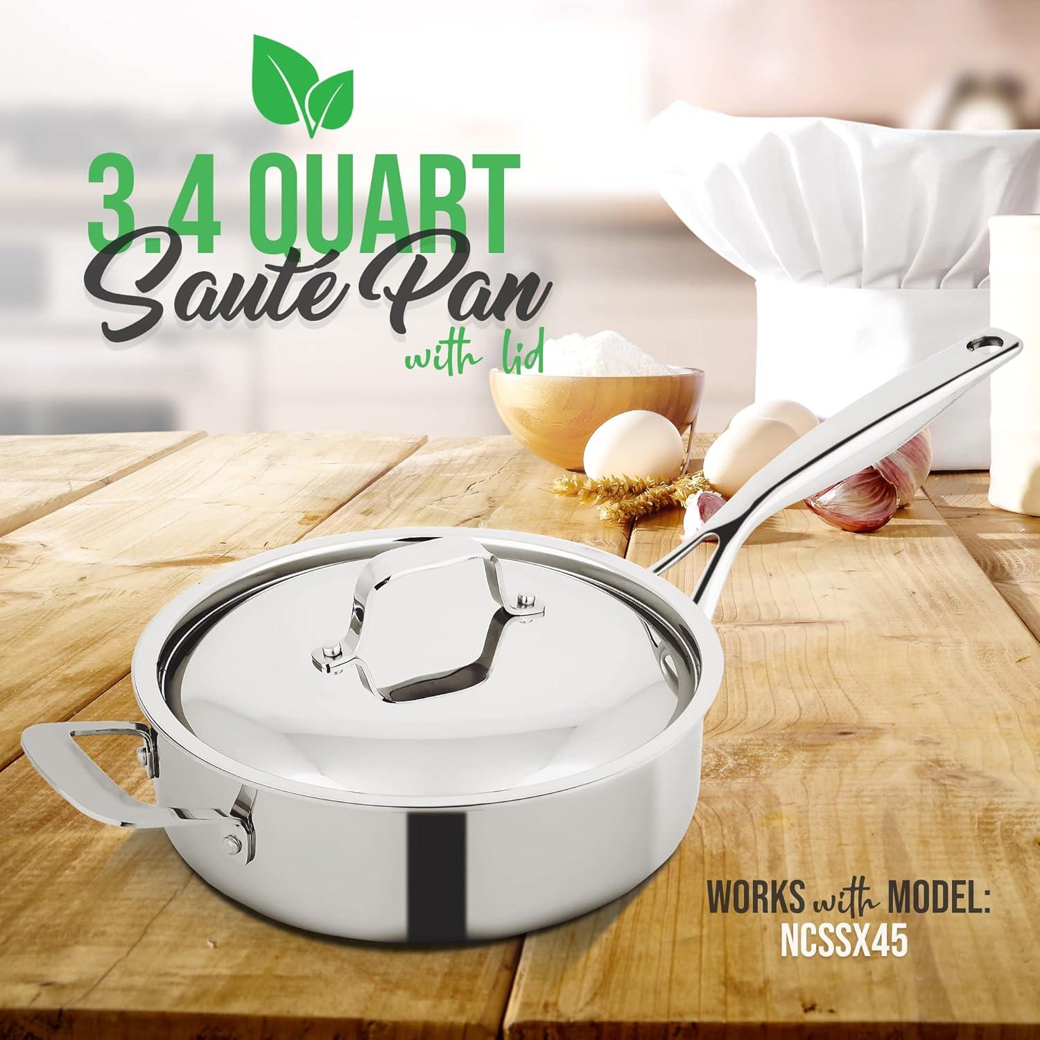 NutriChef 3.4-quart Sauté W/ Lid Stainless Steel Stain-Resistant Kitchen Cookware W/ Satin Interior