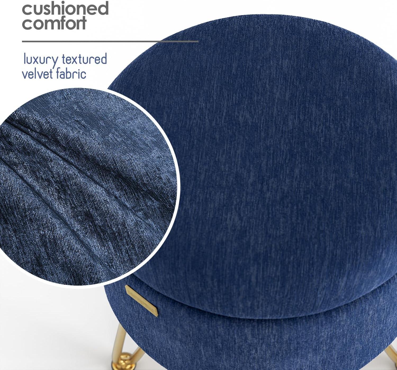 StorageBud Round Ottoman with Storage, Textured Velvet Storage Ottoman, Modern Foot Stool for Living Room and Bedroom - Blue with Gold Legs