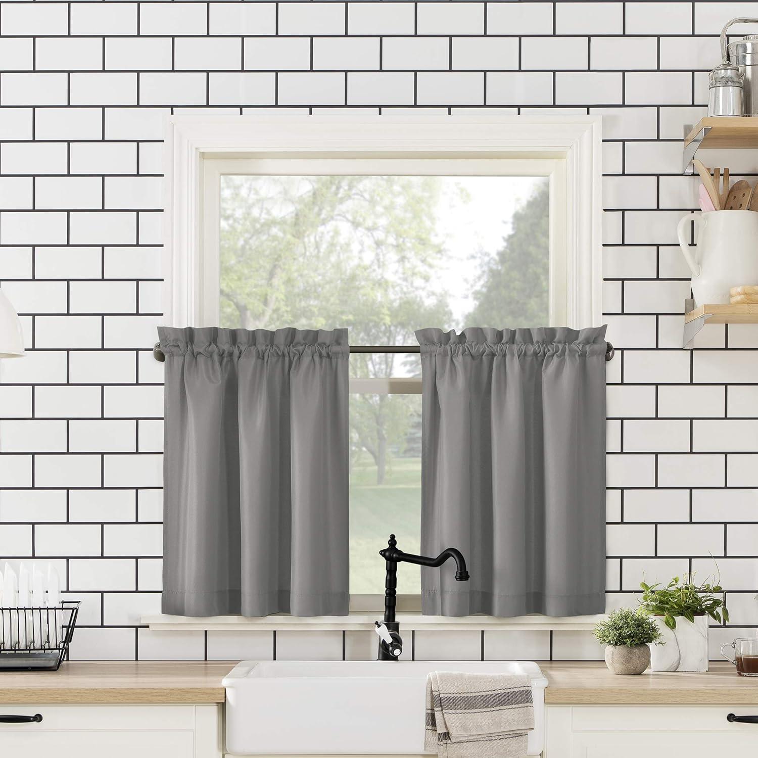 Martine Microfiber Semi Sheer Rod Pocket Kitchen Curtain Valance and Tiers Set - No. 918