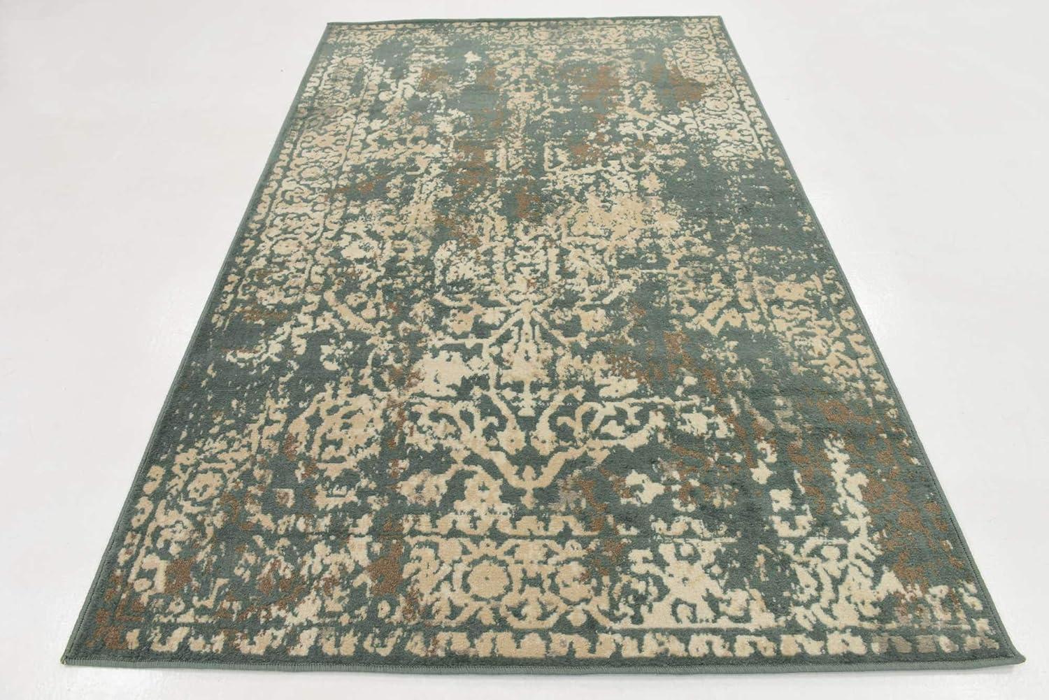 Green and Beige Rectangular Abstract Low Pile Area Rug