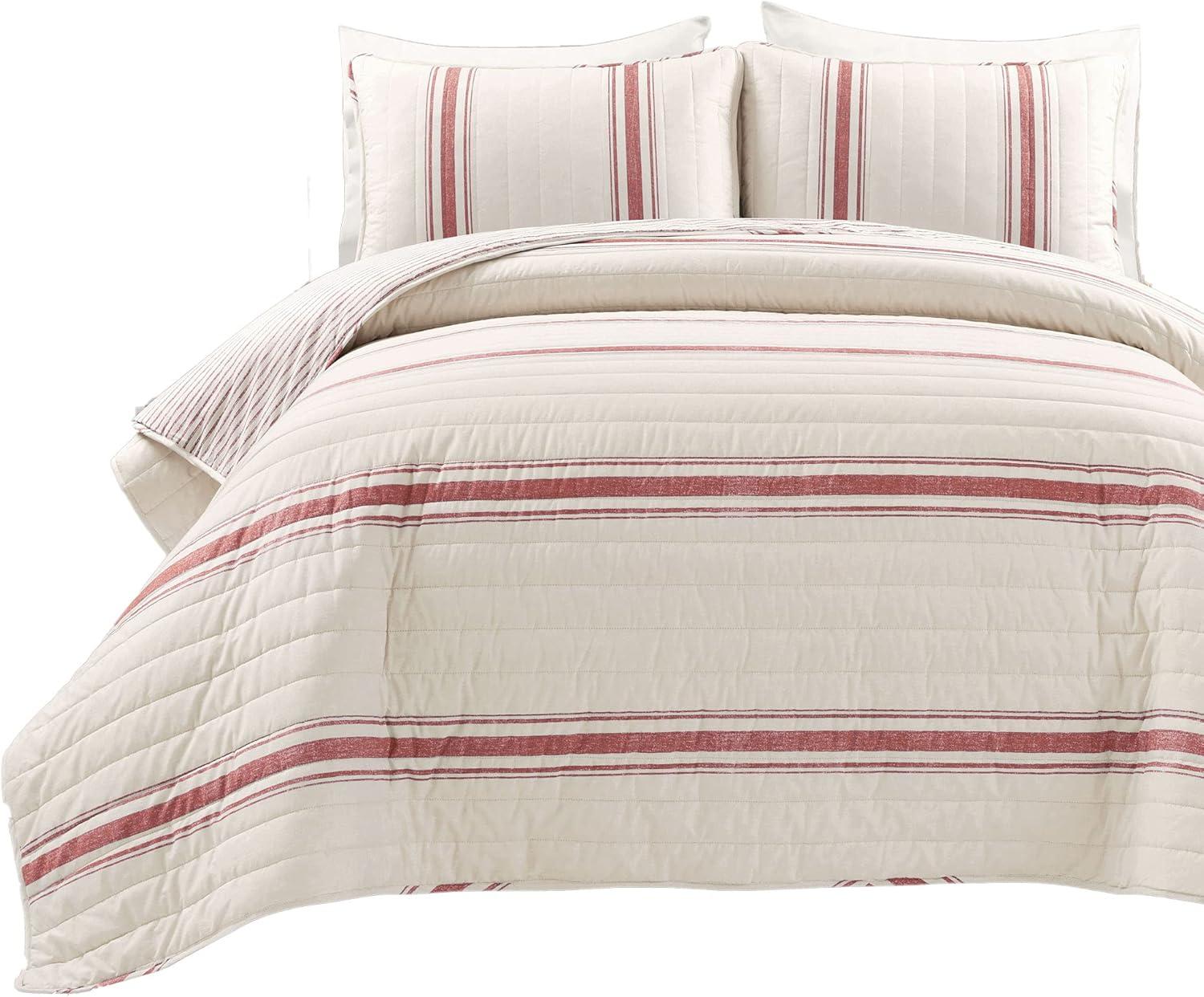 Lush Decor Farmhouse Stripe Cotton Reversible Quilt, King, Red, 3-Pc Set