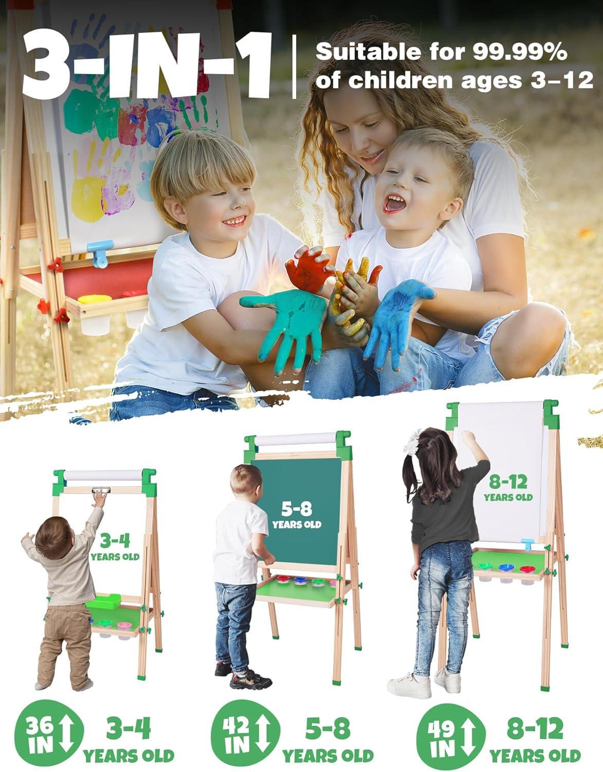 Joyooss Kids Wooden Art Easel with Paper Roll,Double Sided Whiteboard & Chalkboard Children Easel,Adjustable Height