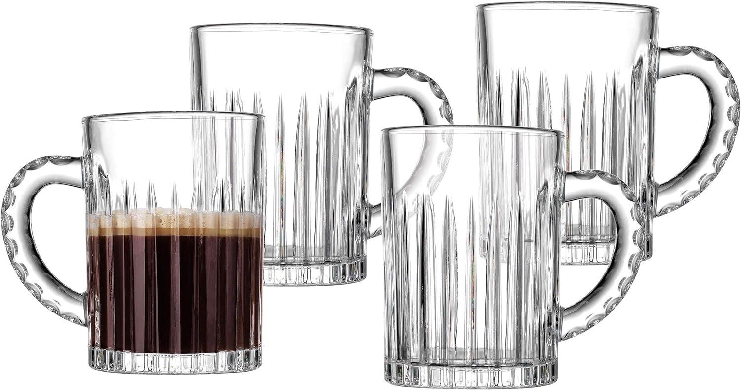 Clear Glass 14oz Round Coffee Mugs with Silver Accents, Set of 4