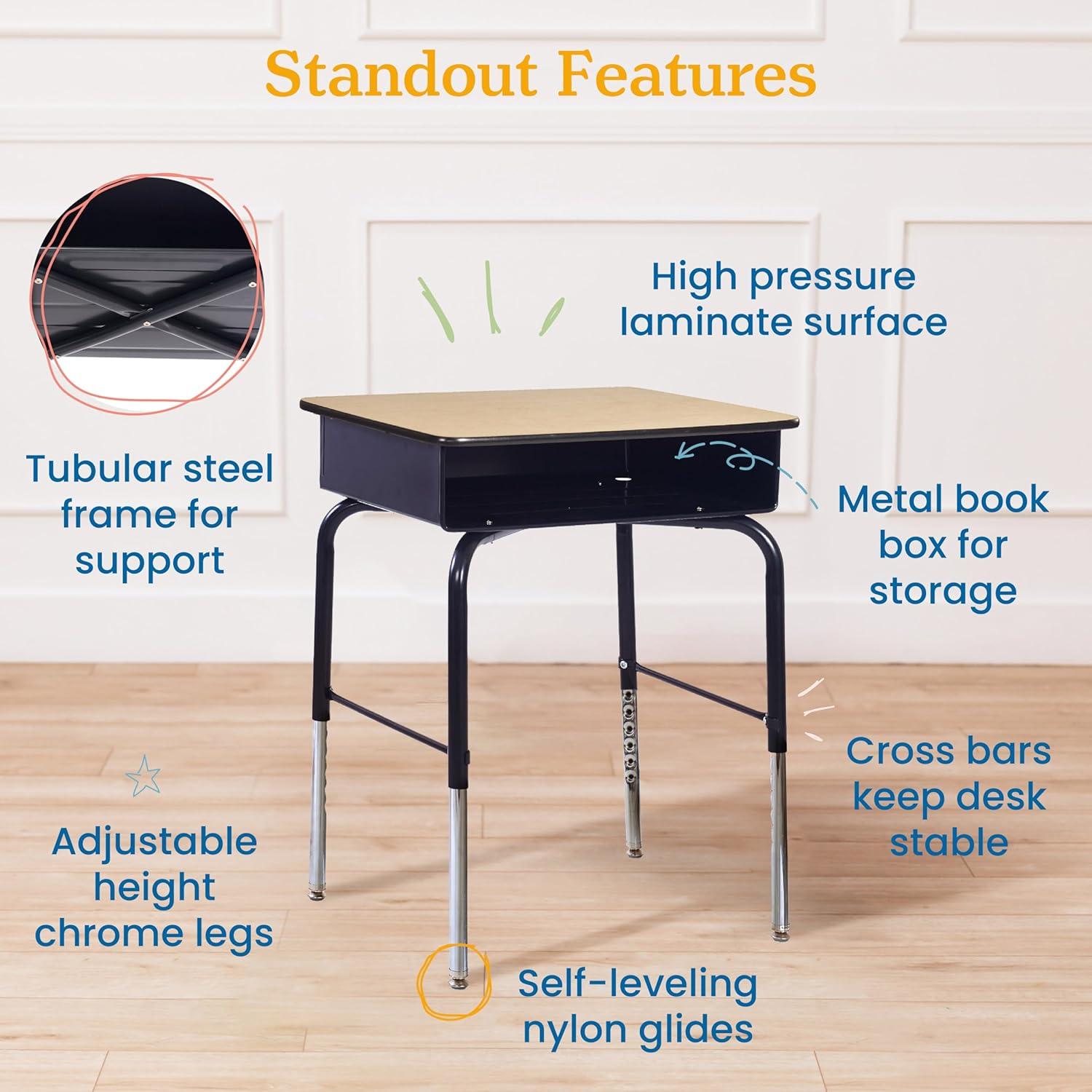 ECR4Kids ECR4Kids Open Front Desk with Metal Storage Book Box, Adjustable, Classroom Furniture, Maple/Black