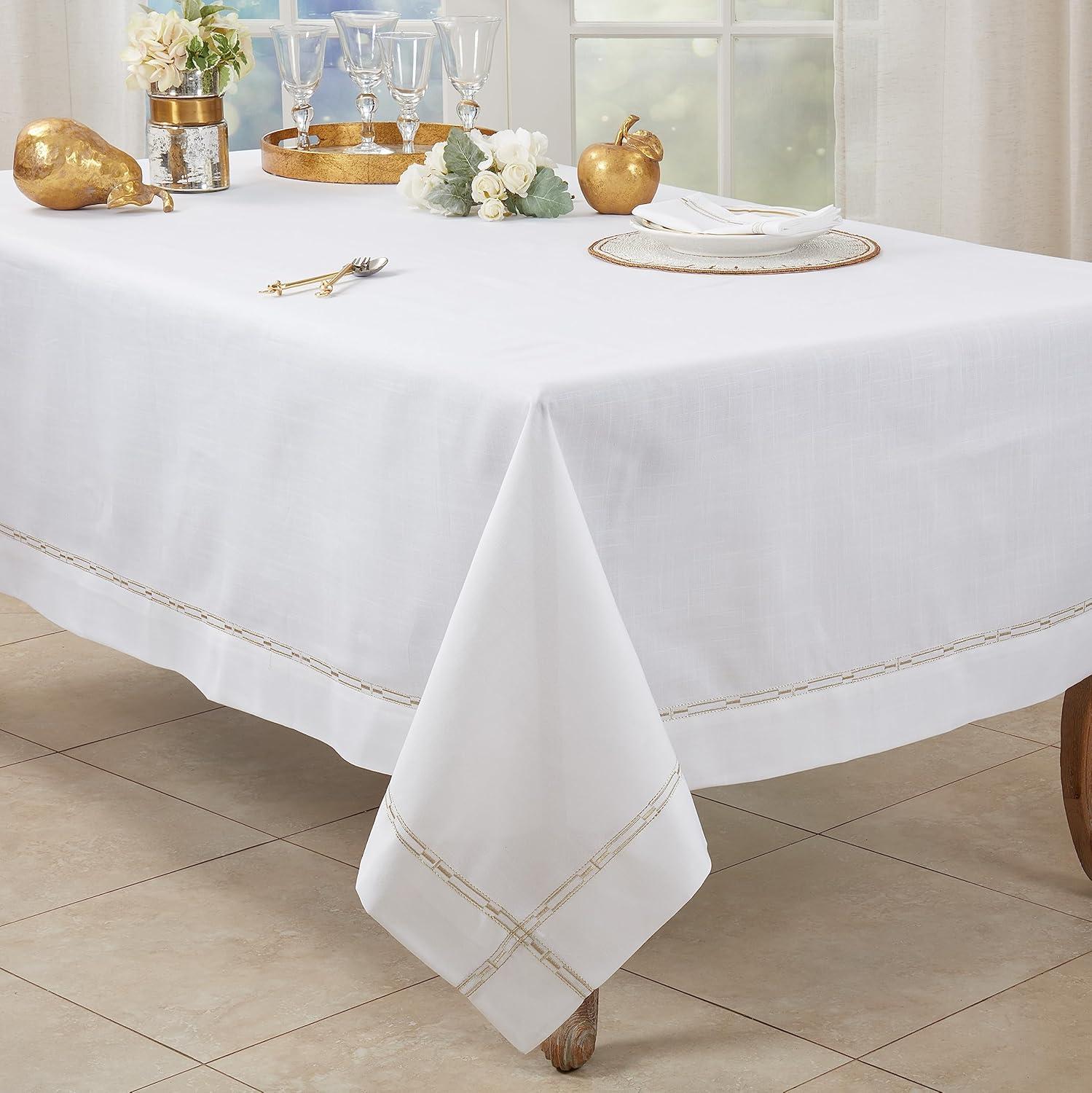 Elegant White Tablecloth with Gold Embroidered Border, 72" x 180"