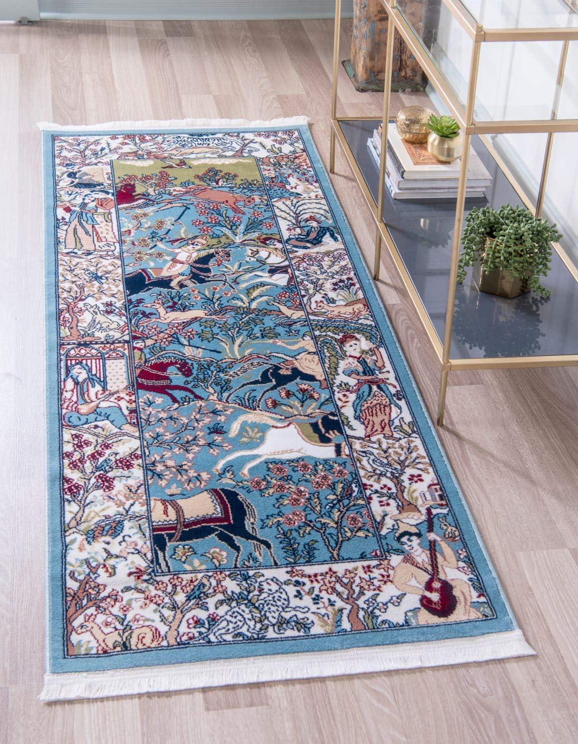 Blue and Tan Floral Synthetic Indoor Runner Rug