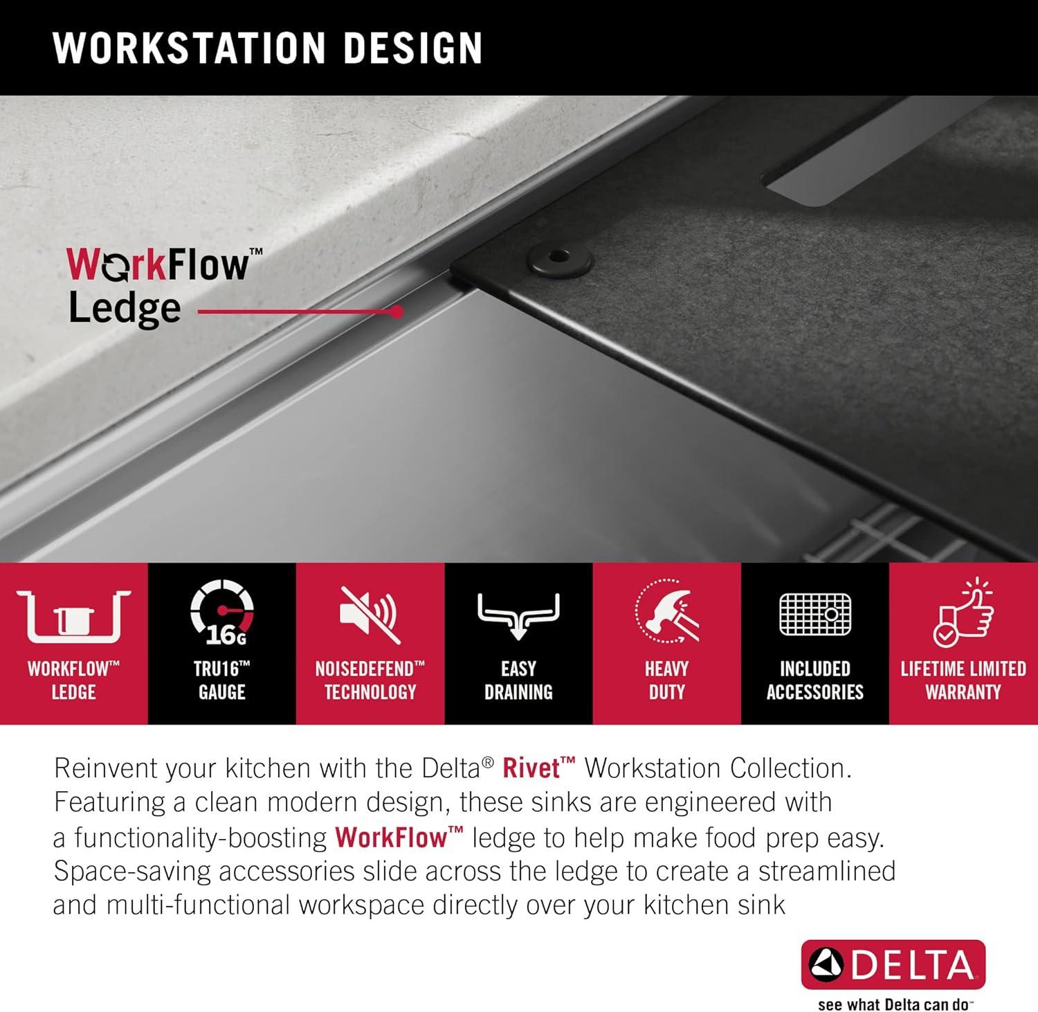 Delta Rivet™ 23" L Workstation Kitchen Sink Undermount 16 Gauge Stainless Steel Single Bowl with WorkFlow™ Ledge