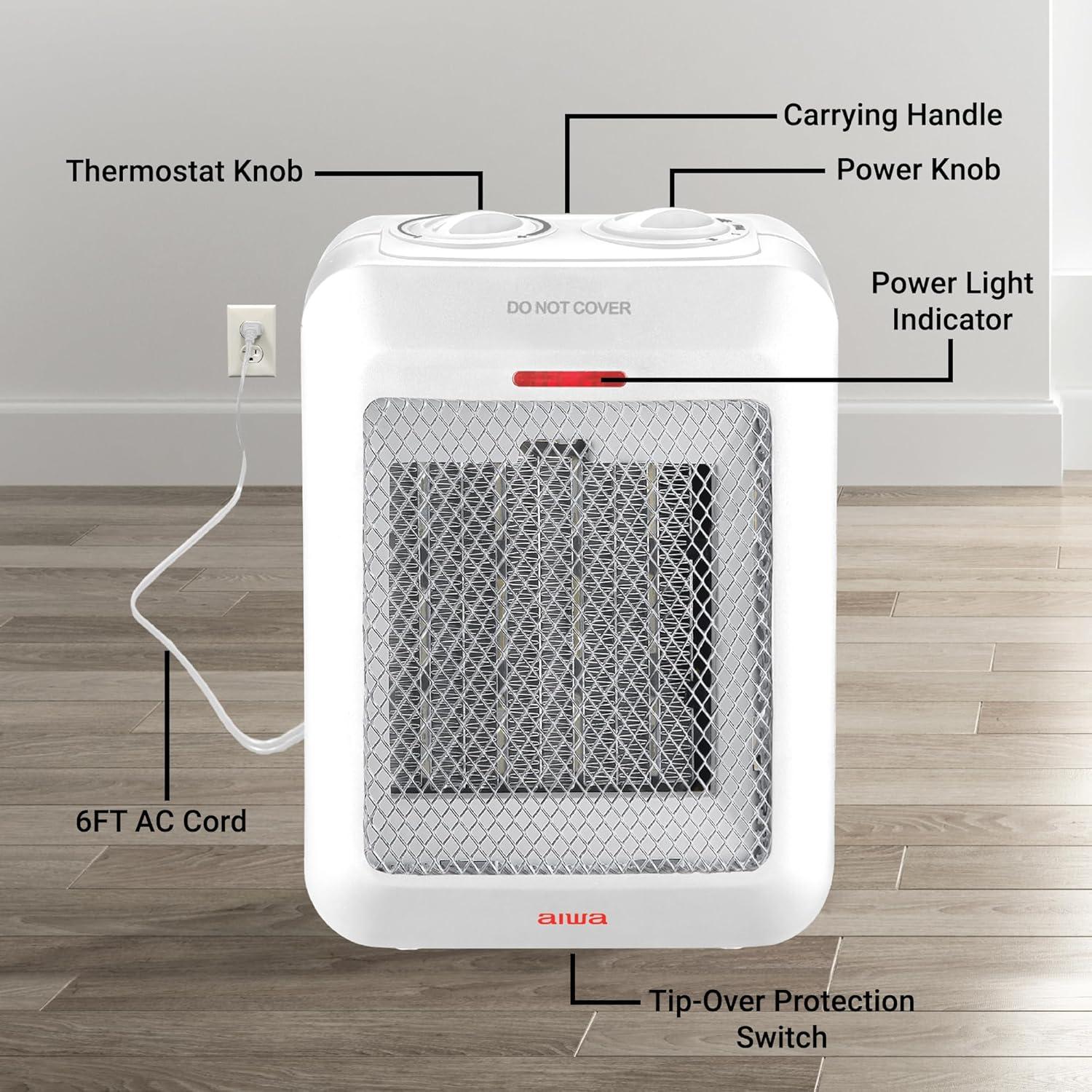 Aiwa 1500W Small Ceramic Room Heater, Overheat Protection, Tip over Auto Shutoff - Black
