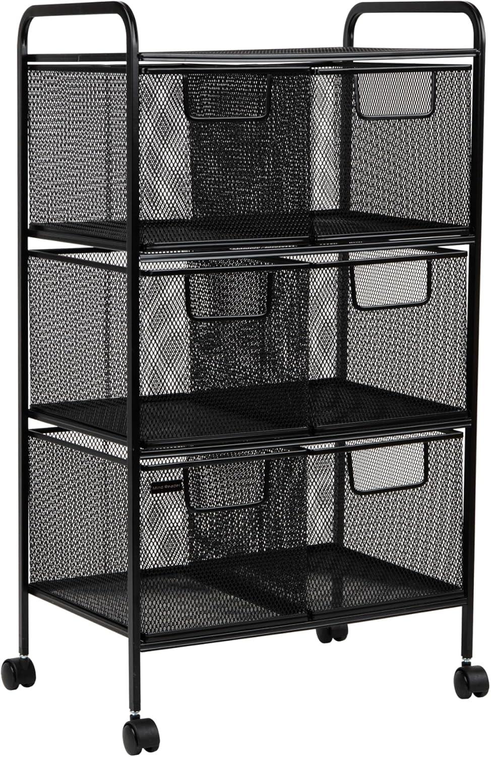 Mind Reader Metal Rolling 3-Tier File Cart with 6 Drawers, Black