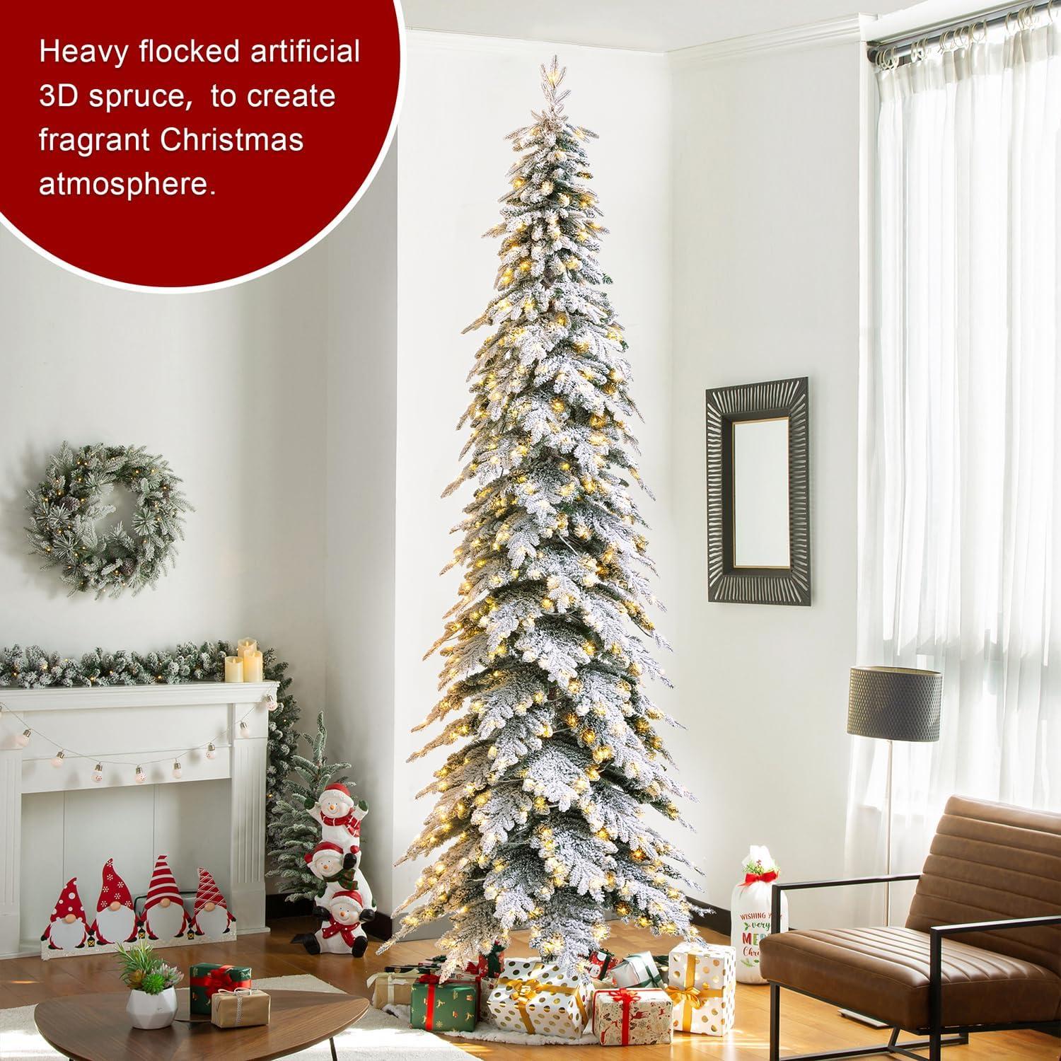 11ft Warm White Pre-Lit Flocked Narrow Spruce Christmas Tree