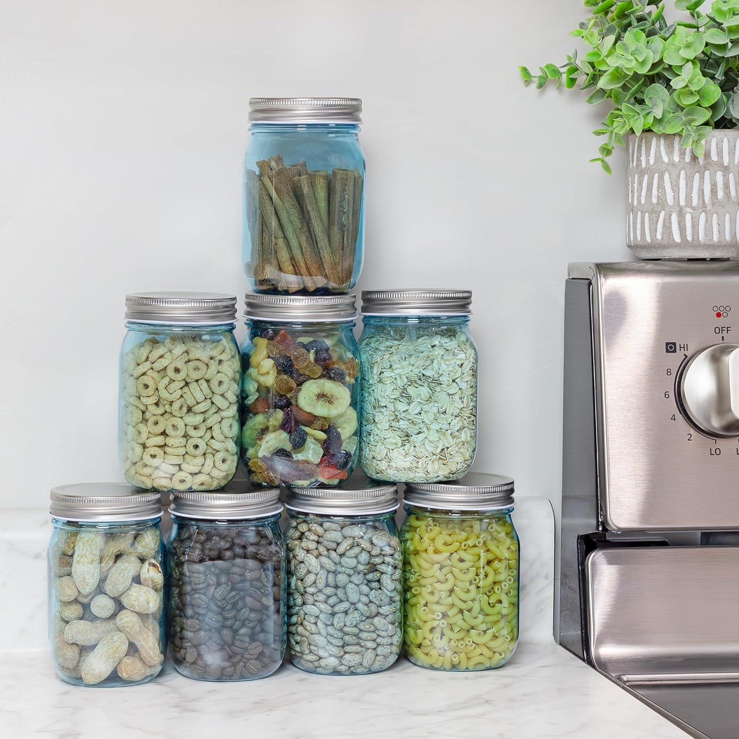 Cornucopia Brands 16oz Plastic Mason Jars 8pk, Blue/Silver; Mason Jar Style w/ Metal Lids, Pint Size, Compatible w/ Regular Mason Jar Lids