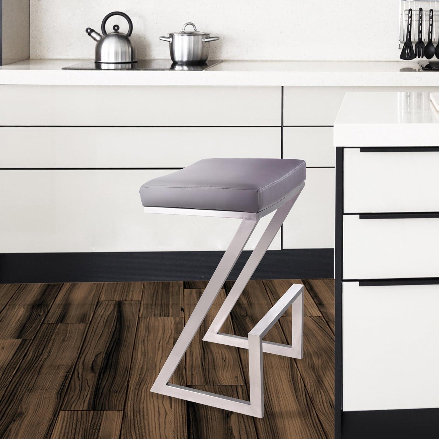 Armen Living Atlantis Backless Barstool, Brushed Stainless Steel Finish with PU Upholstery