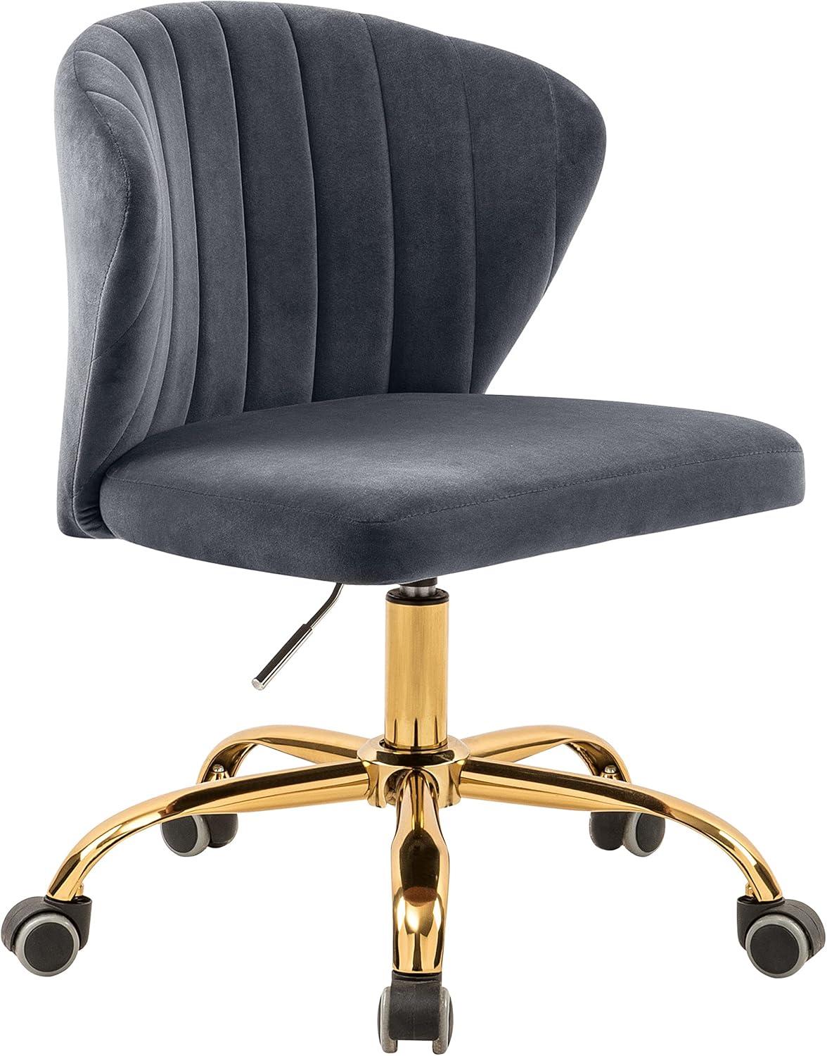 Meridian Furniture Finley Swivel Adjustable Gray Velvet and Gold Office Chair