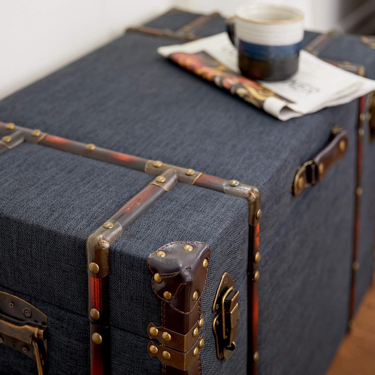 Blue Linen and Brass Accented Nesting Storage Trunks, Set of 3