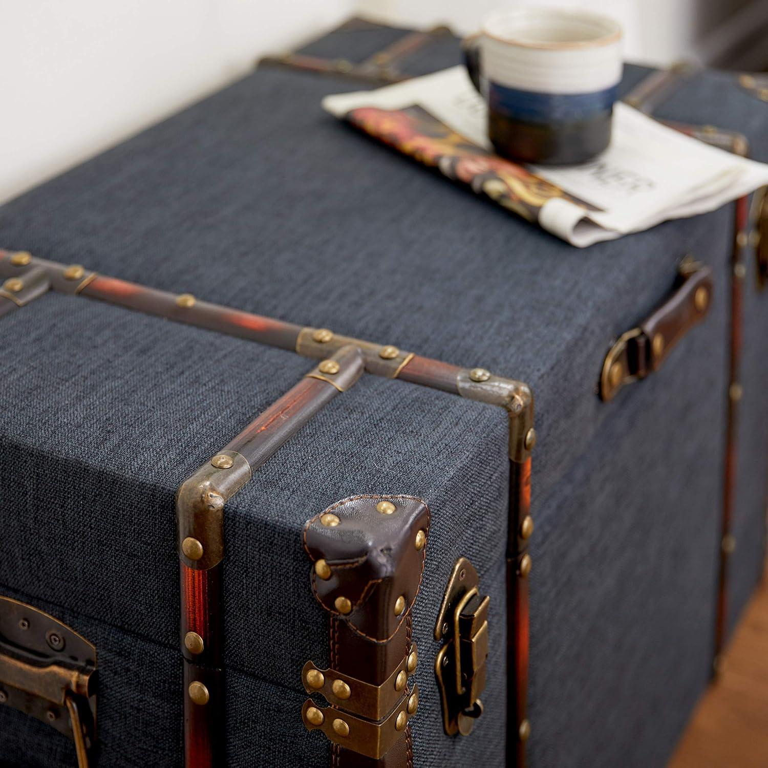 DecMode 24" x 13" Blue Linen Fabric Nesting Upholstered Trunk with Buckle Hinged Top, 3-Pieces