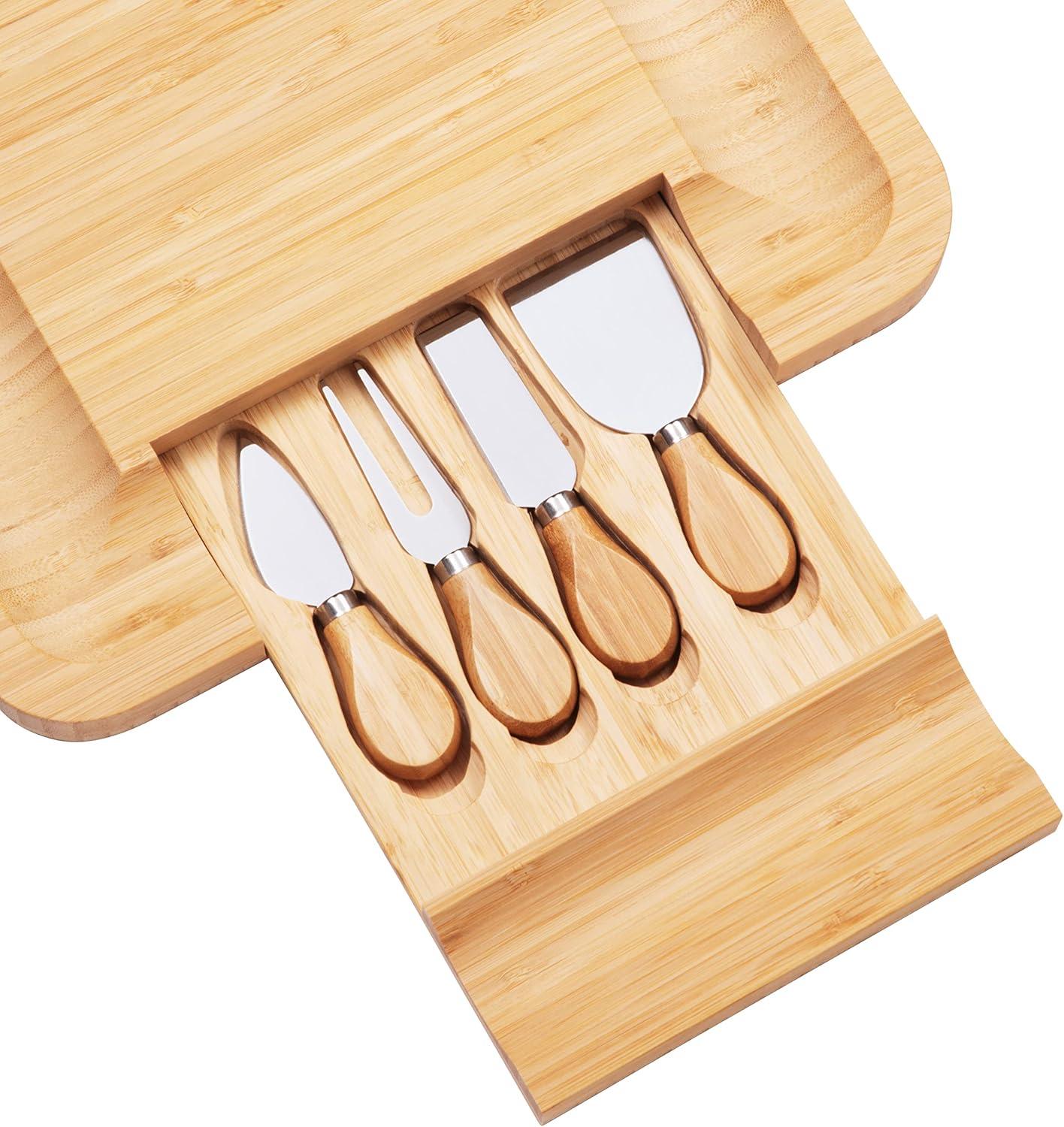 Bamboo Cheese Board Set With Cutlery In Slide-Out Drawer Including 4 Stainless Steel Knife and Serving Utensils