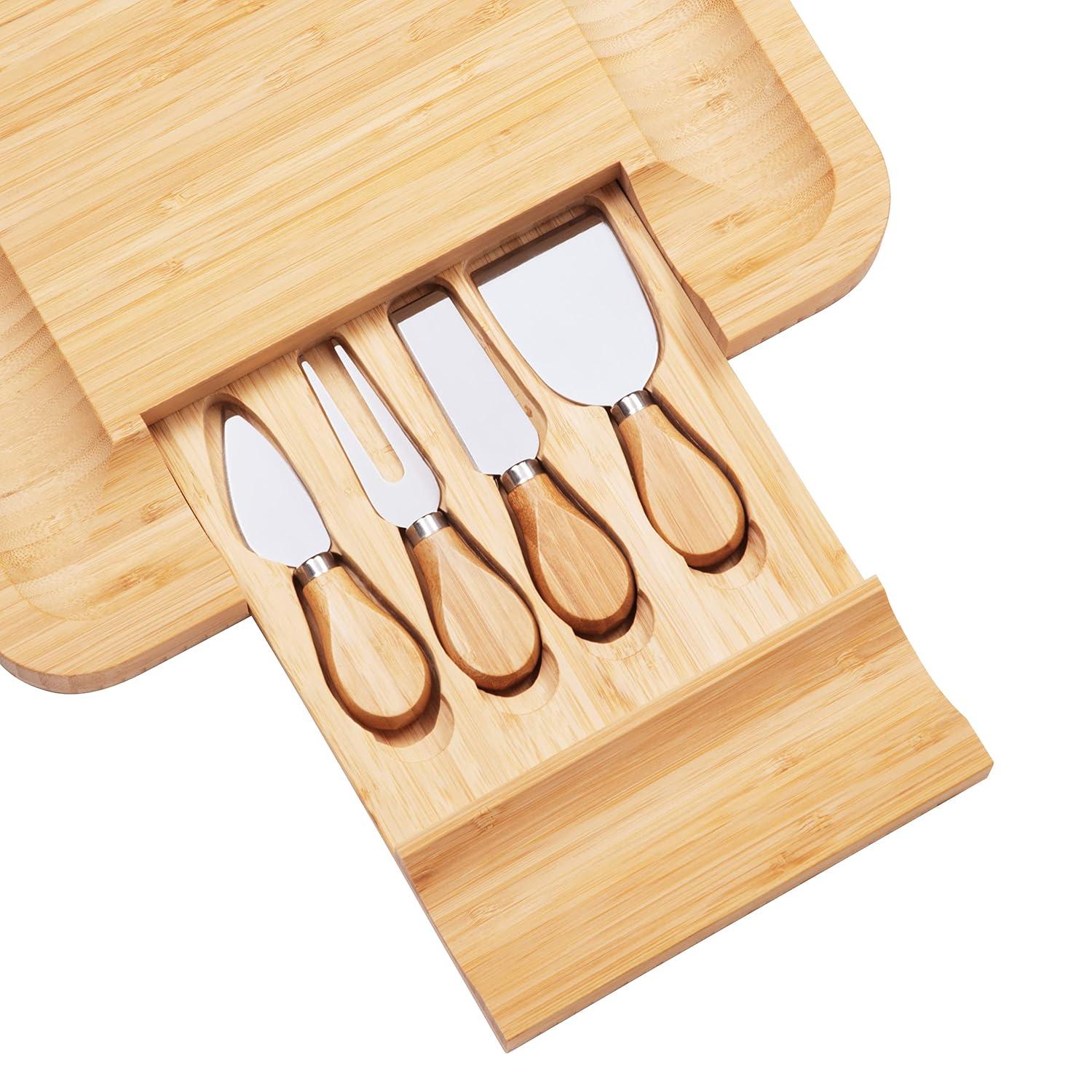 Bamboo Cheese Board Set With Cutlery In Slide-Out Drawer Including 4 Stainless Steel Knife and Serving Utensils