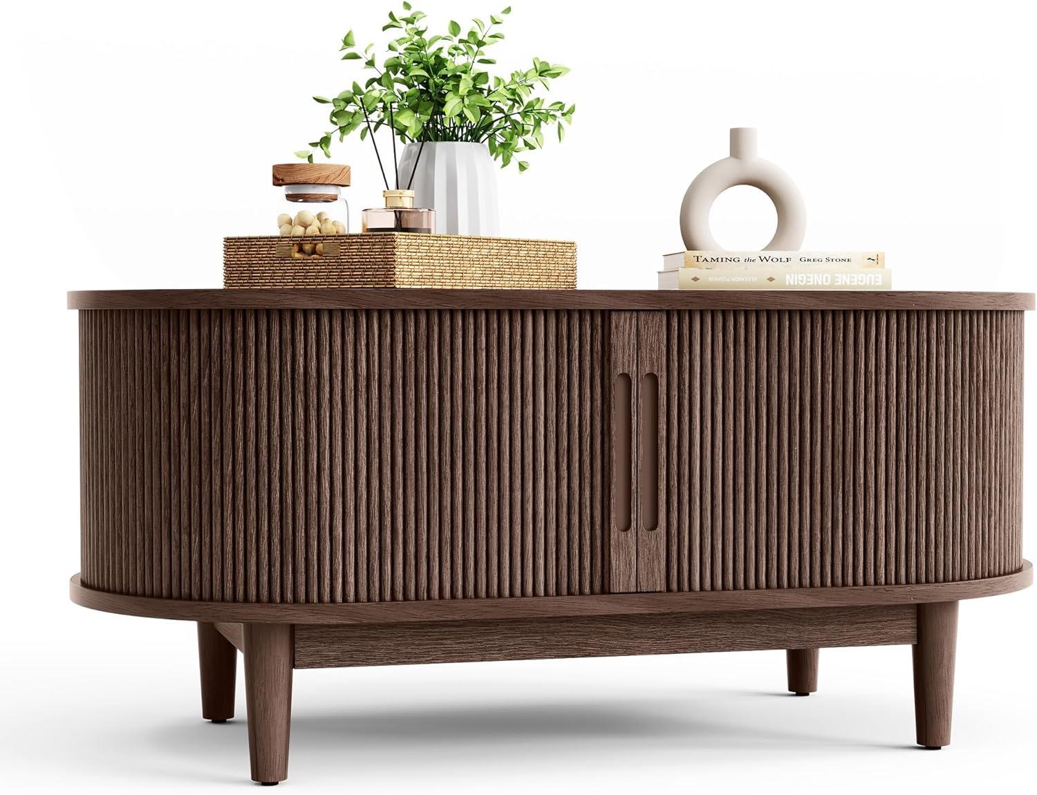 Fluted Coffee Table with Storage, Mid-Century Coffee Table for Living Room