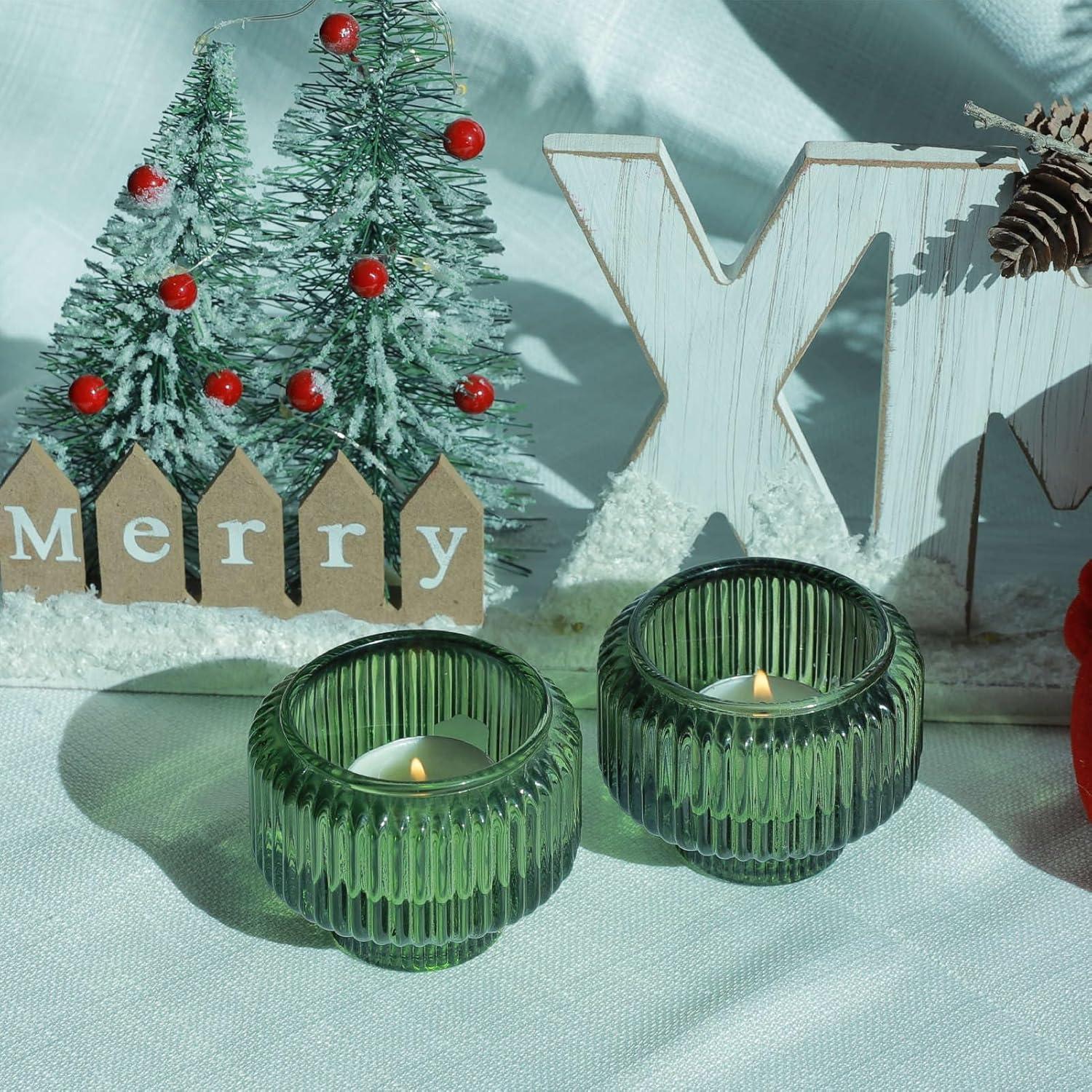 Green Ribbed Glass Reversible Candlestick Holders, Set of 4