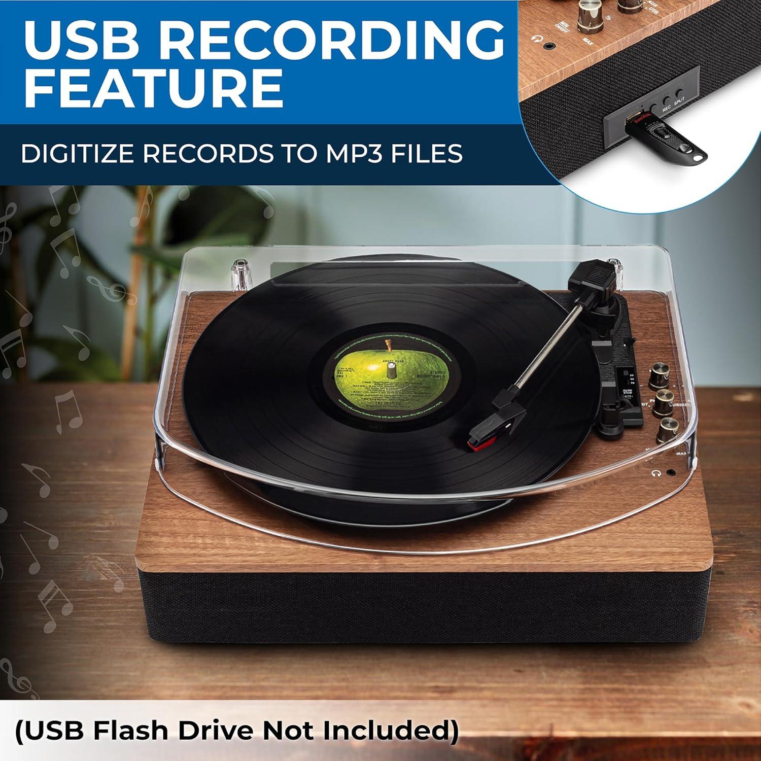 SoundBeast Retro Wooden Turntable with 3-Speed Vinyl Record Player, Built-In Stereo Speakers, Bluetooth, 3.5mm Aux In, USB Playback, & USB Recording to MP3