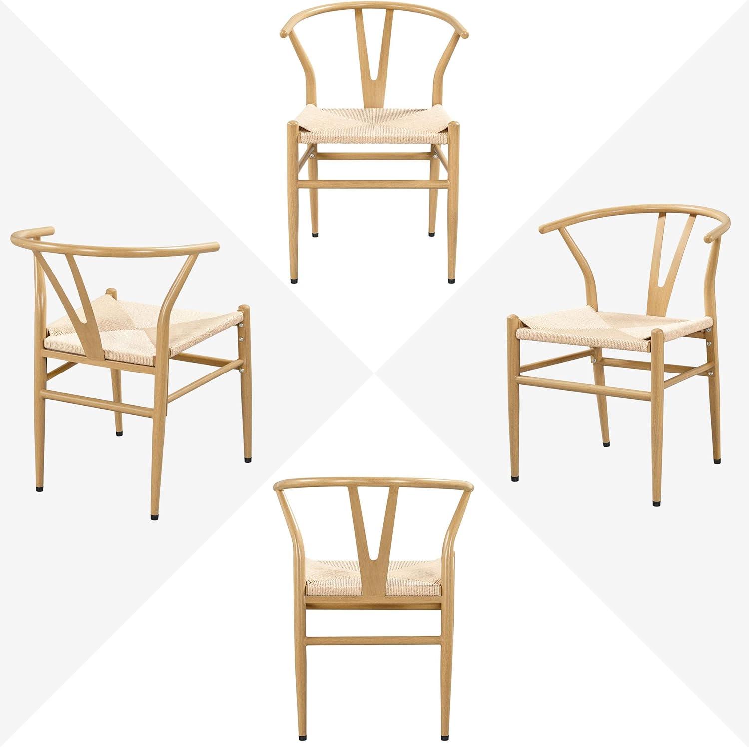 Natural Wood and Rattan Wishbone Arm Chair Set