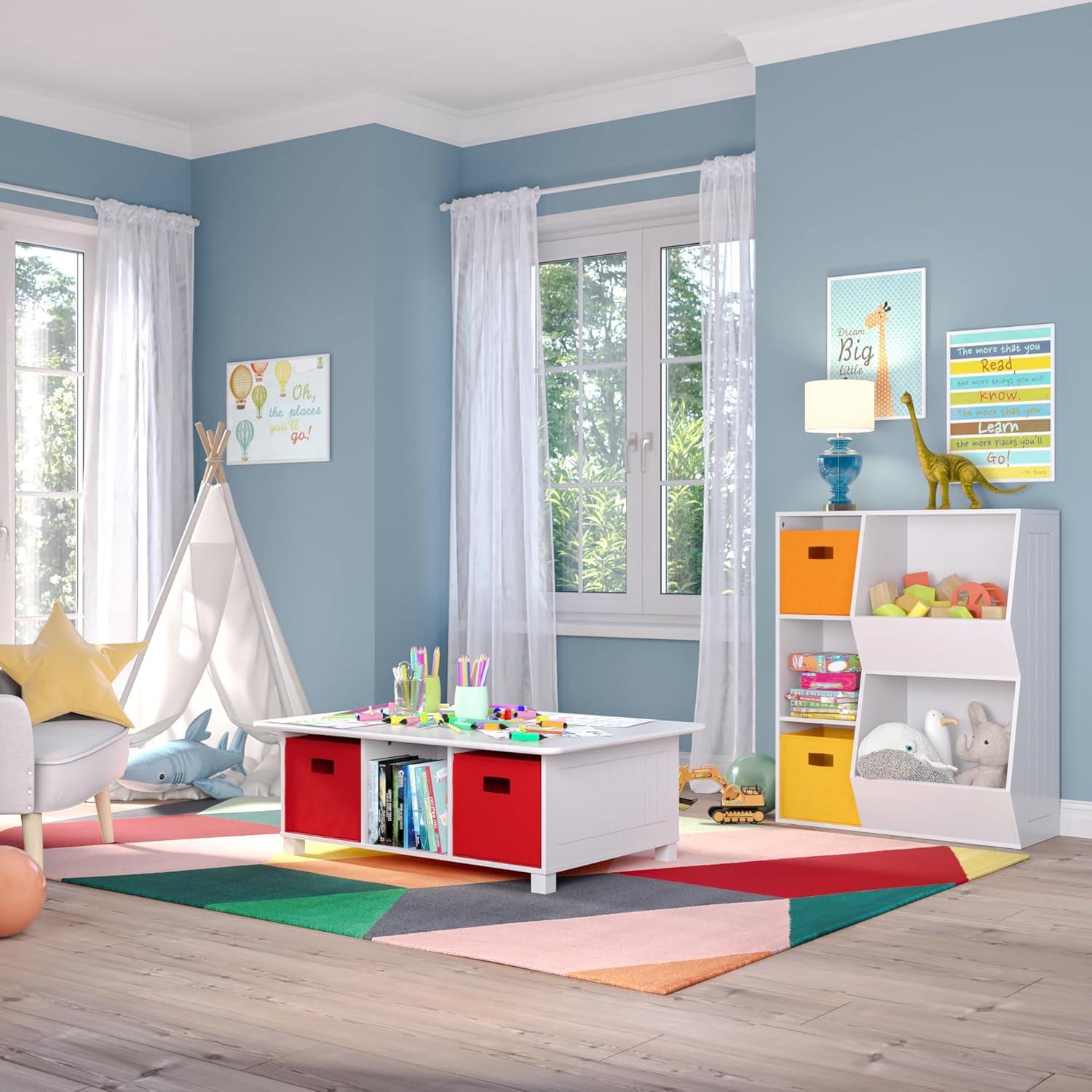 RiverRidge Home RiverRidge Kids Desk, Activity and Play Table with 6 Storage Cubbies - White with 2 Fabric Bins