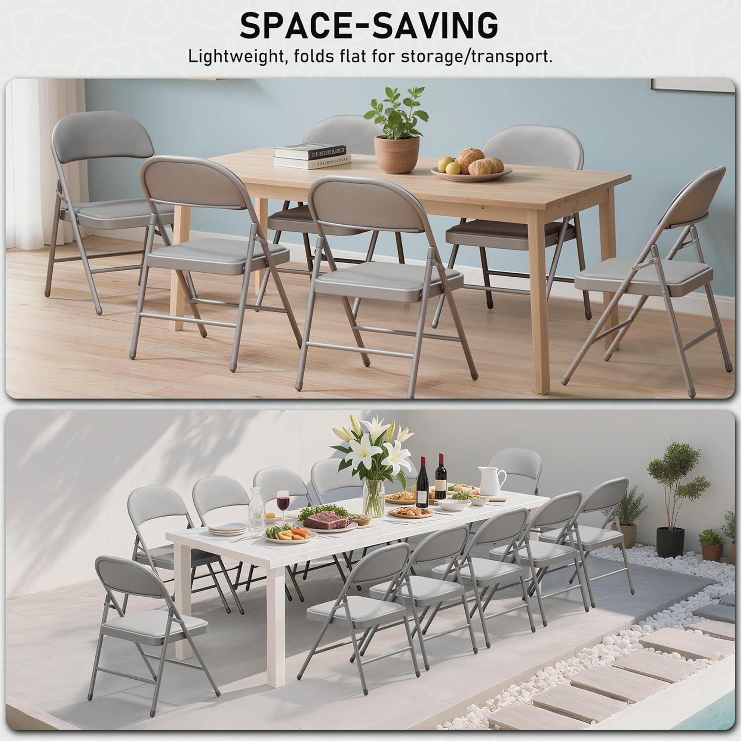 Folding Chairs with Padded Cushion and Back, 4pcs Potable Iron & PVC Durable Chairs for Indoor and Outdoor, School, Office and Garden Party, Gray