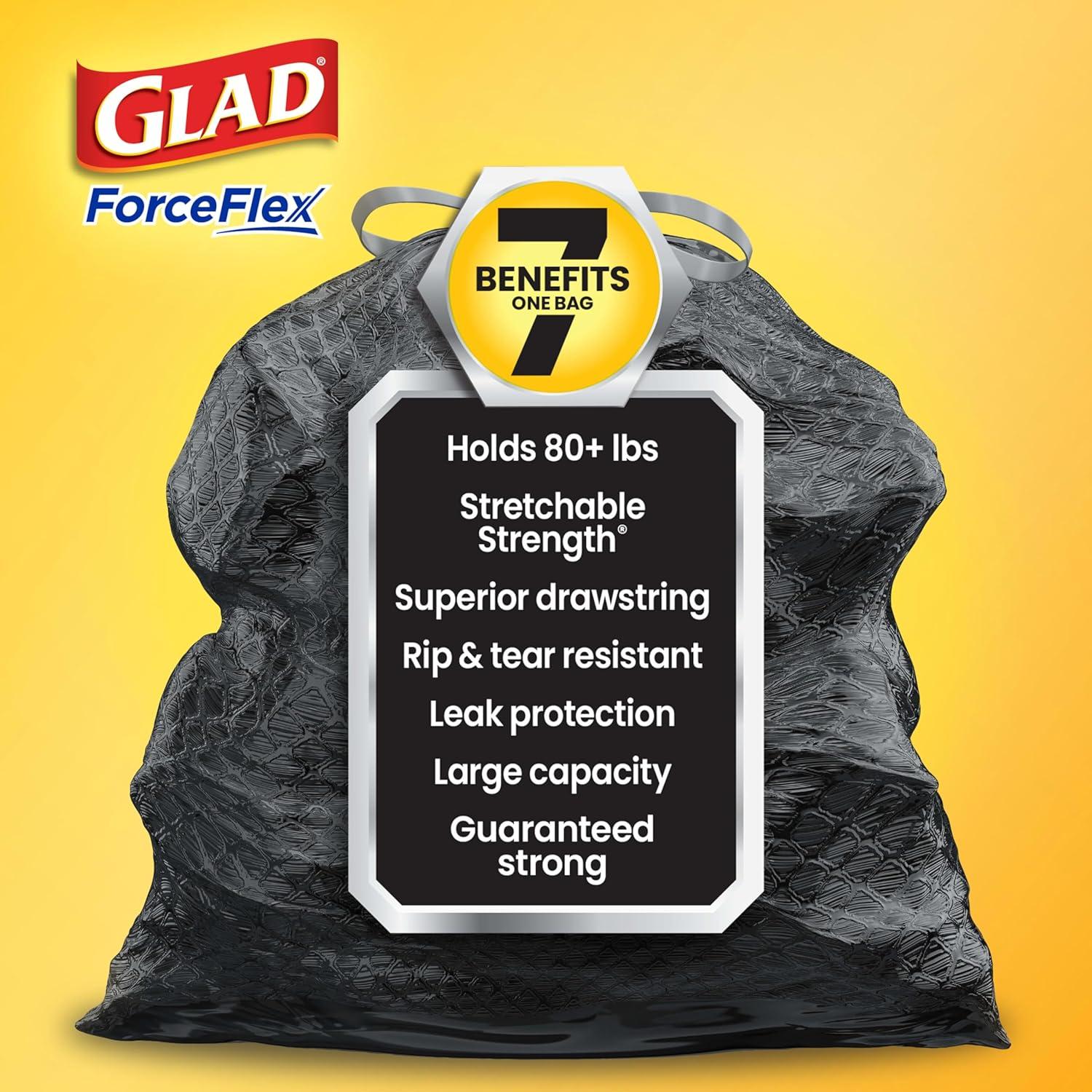 Glad Large Drawstring Trash Bags, Forceflex 30 Gallon Black Trash Bags, 25 Count