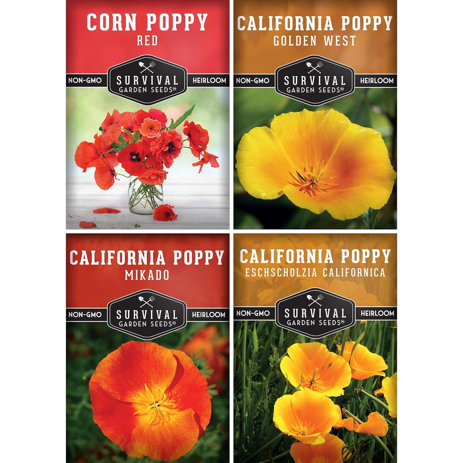 4 Packs Poppy Flower Seed - California, Golden West, Mikado, Red Corn - Full Sun Annual