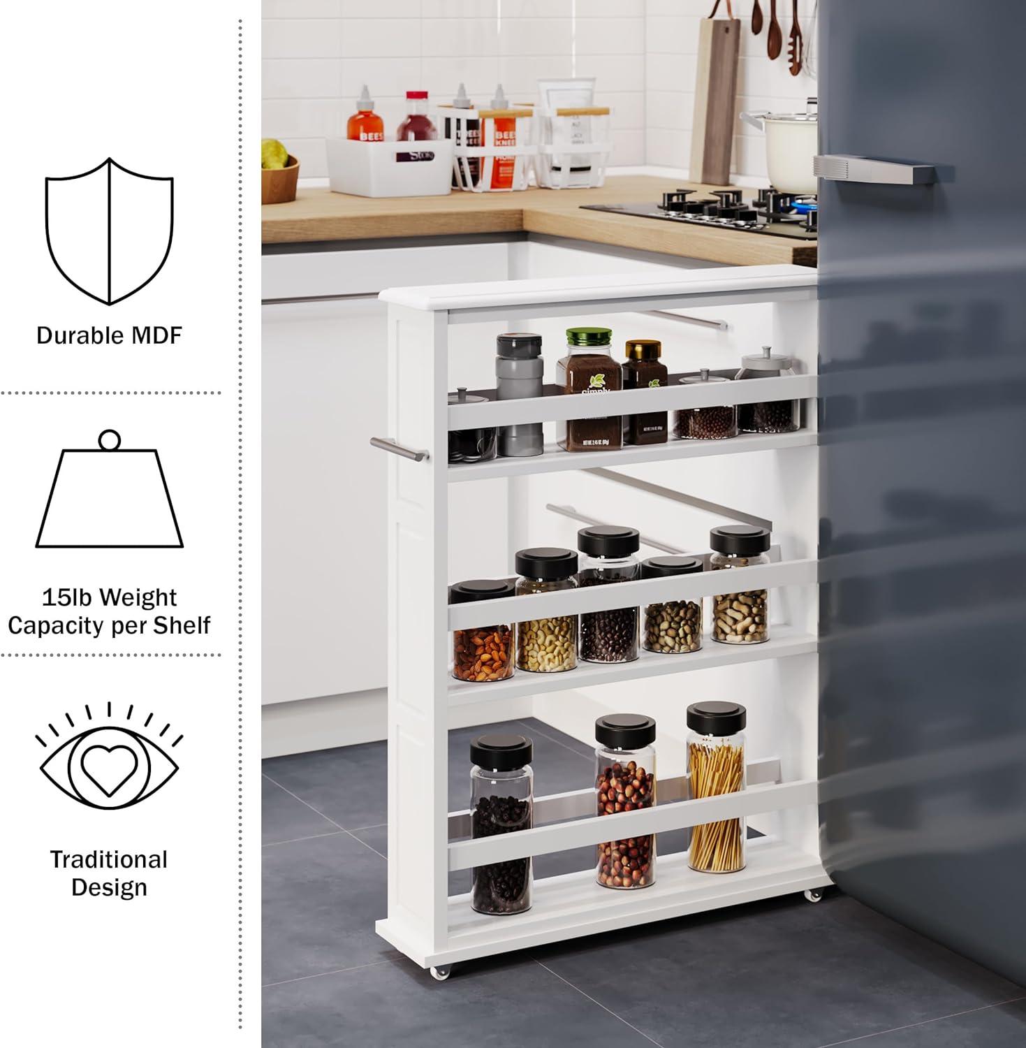 White Slim Rolling Kitchen Cart with Handle and Wheels