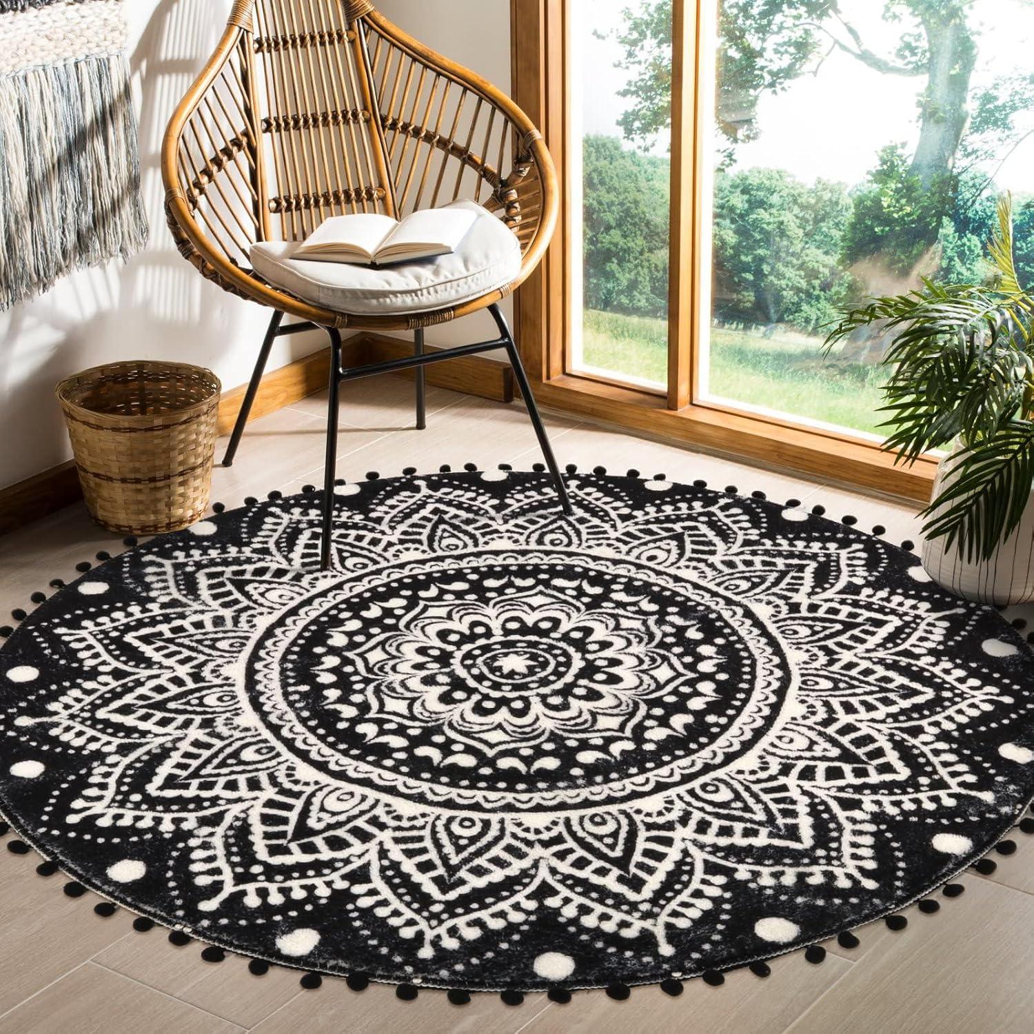 Black and White Round Boho Mandala Tufted Rug with Pom Poms