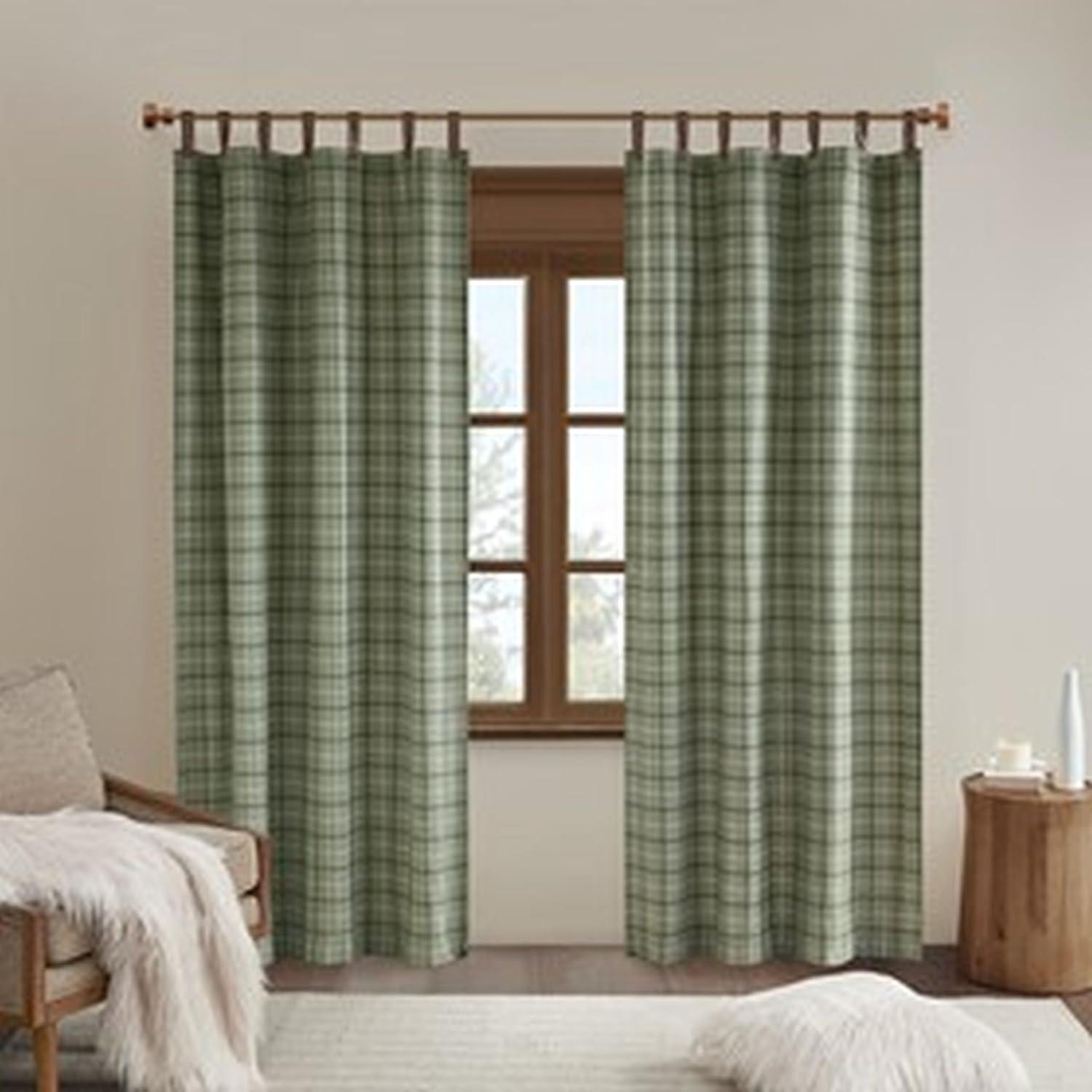 Anaheim Plaid Faux Leather Tab Top Single Curtain Panel with Fleece Lining