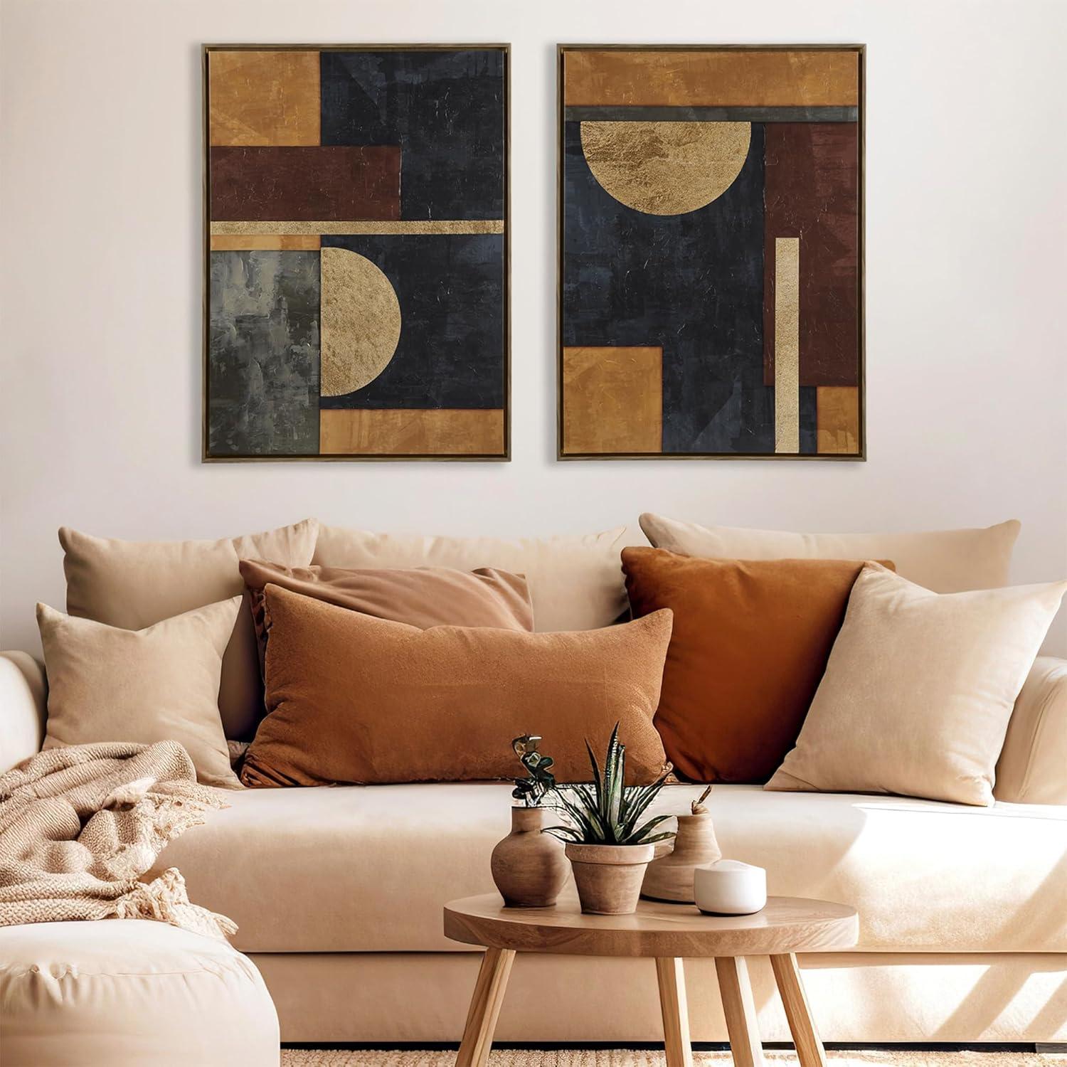 Jeweled Geo Multi-Color Abstract Canvas Wall Art Set with Walnut Frame