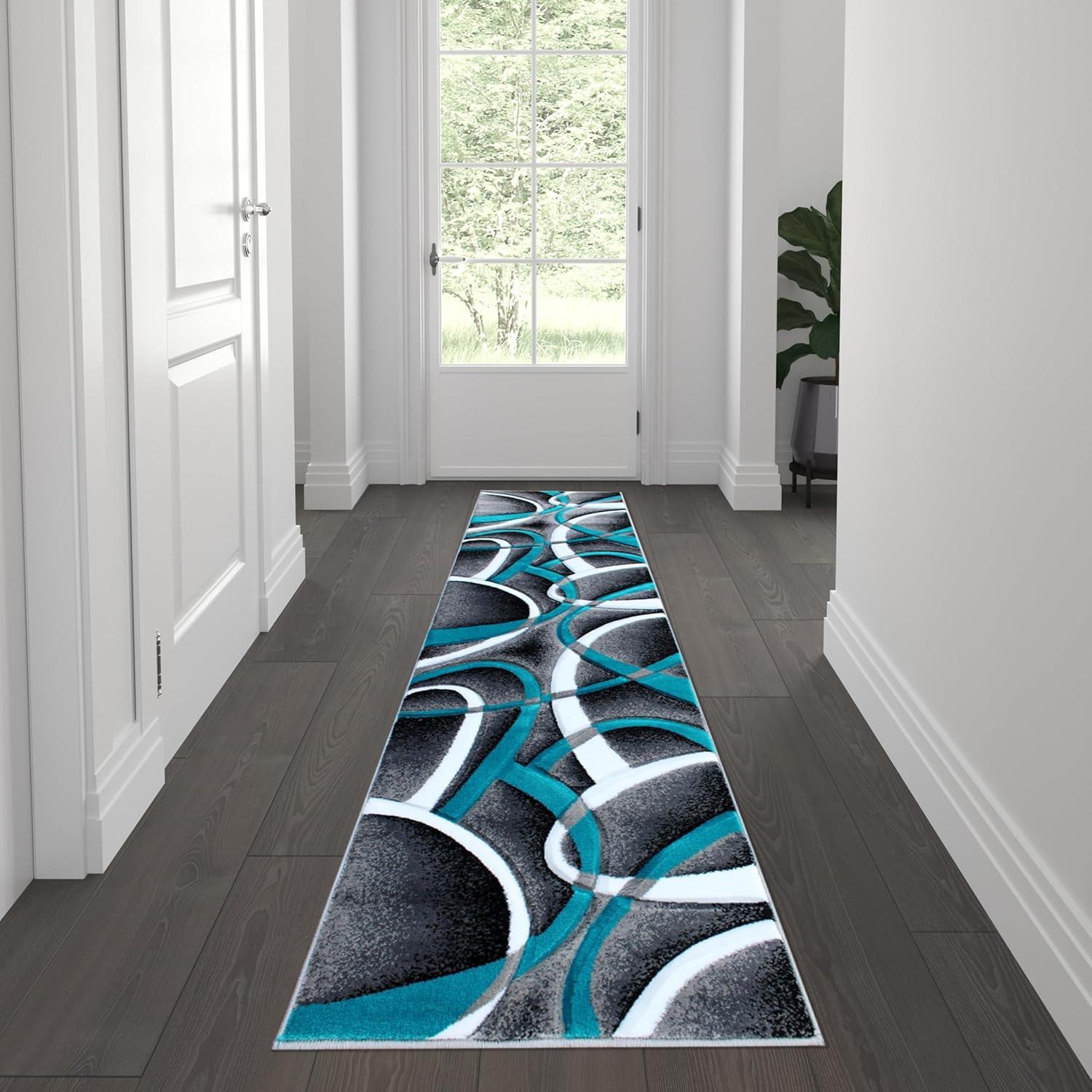 Flash Furniture Atlan Collection Abstract Area Rug - High Pile Turquoise Olefin Rug - 2' x 7' Area Rug - Jute Backing - Hallway, Entryway, Bedroom