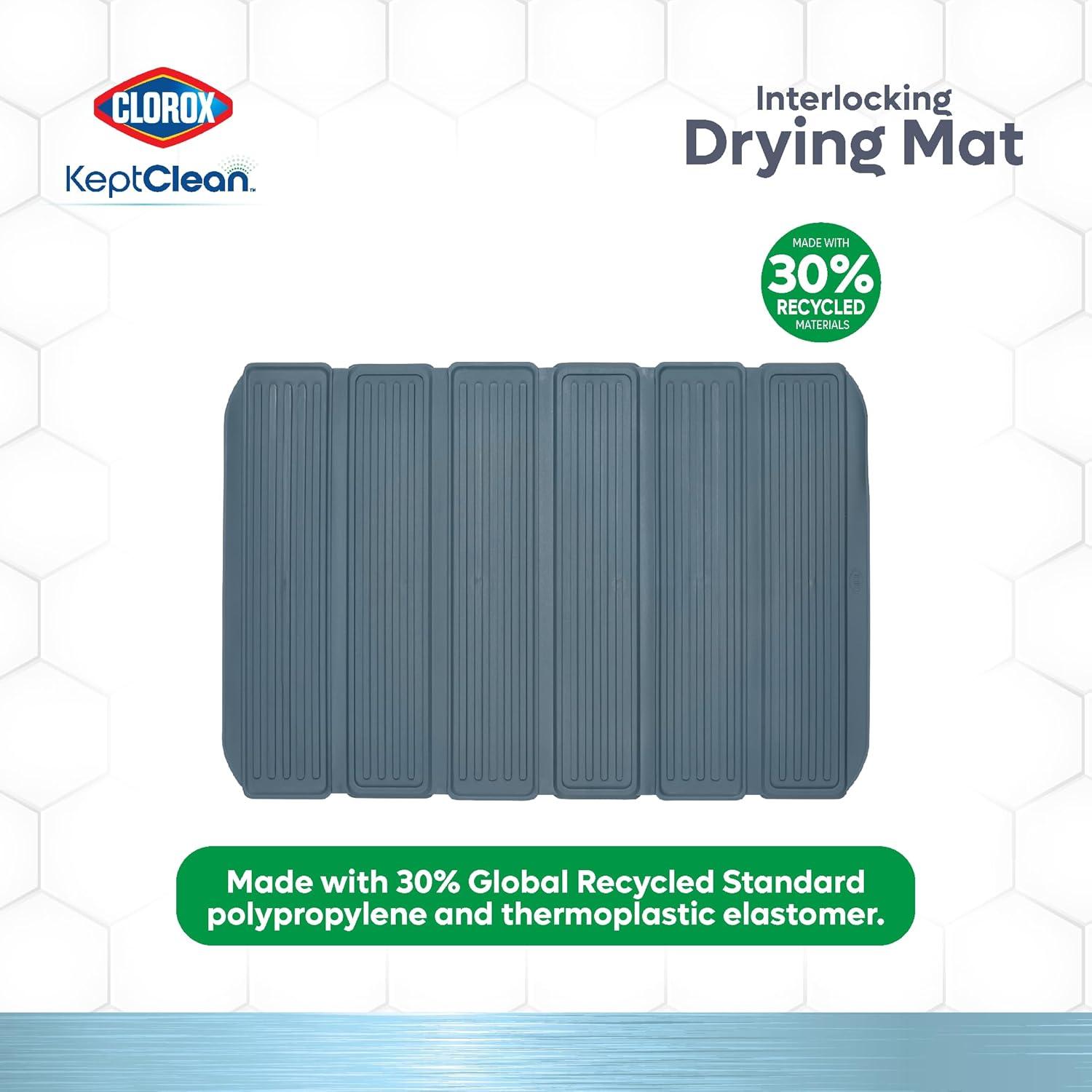 Clorox KeptClean Interlocking Non-Slip Dish Drying Mat – Flexible, Foldable, Durable, Quick-Dry Mat, Interlocking Panels for Various Drying Elevations, Folds Compact for Storage - Steel Blue